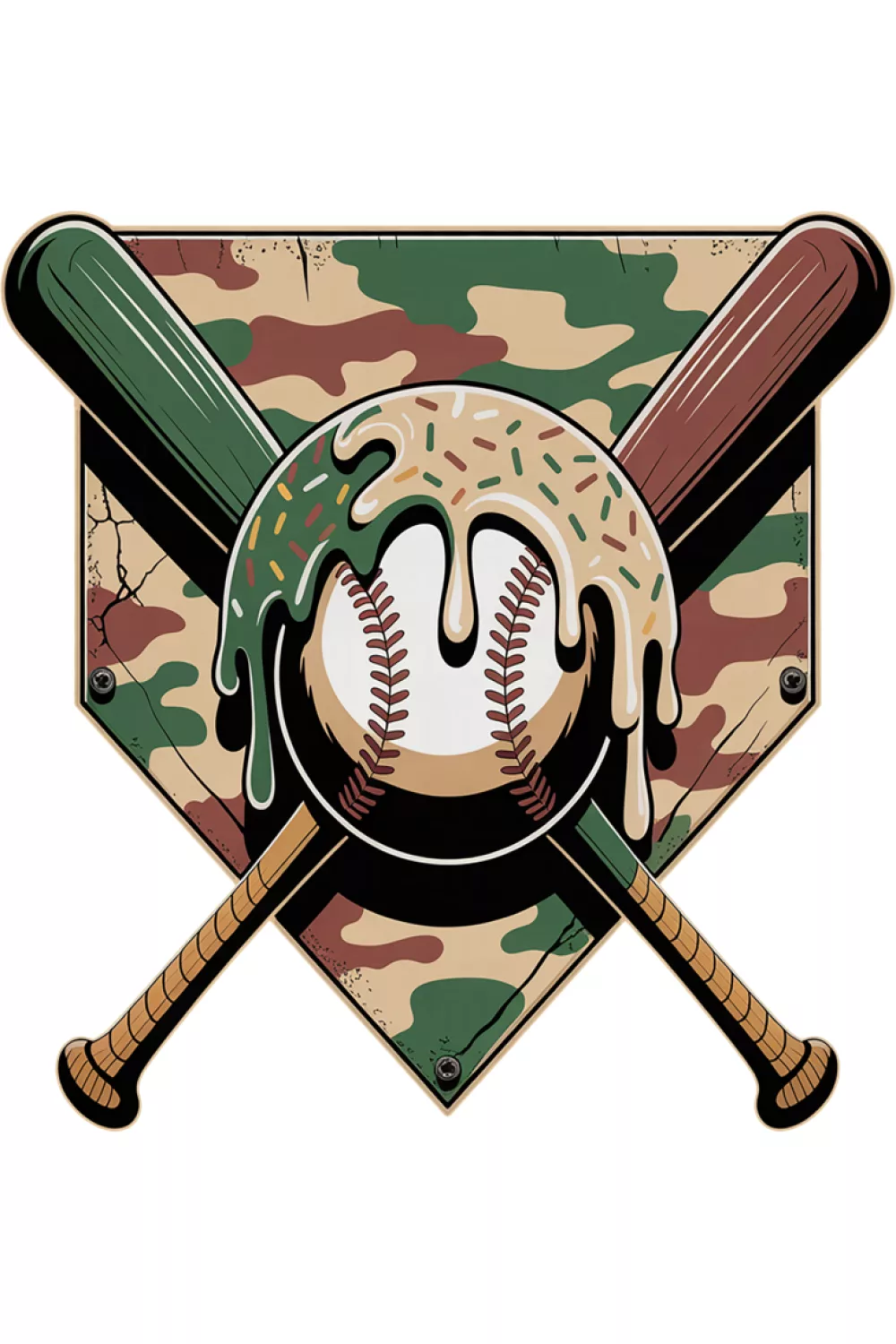 Military green camo baseball drip badge with bold central ball graphic