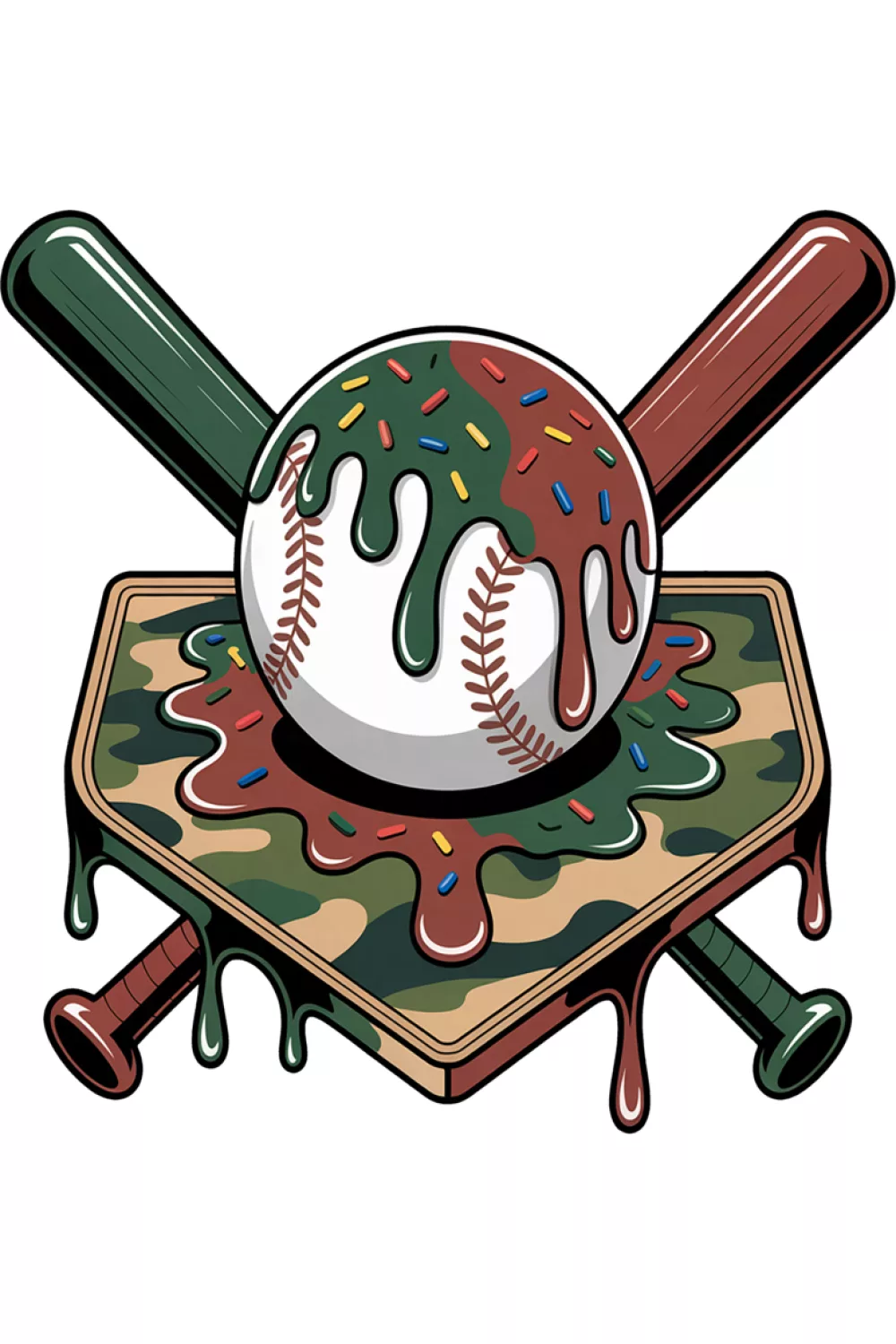 Tall camo baseball drip design with stacked bats behind the ball