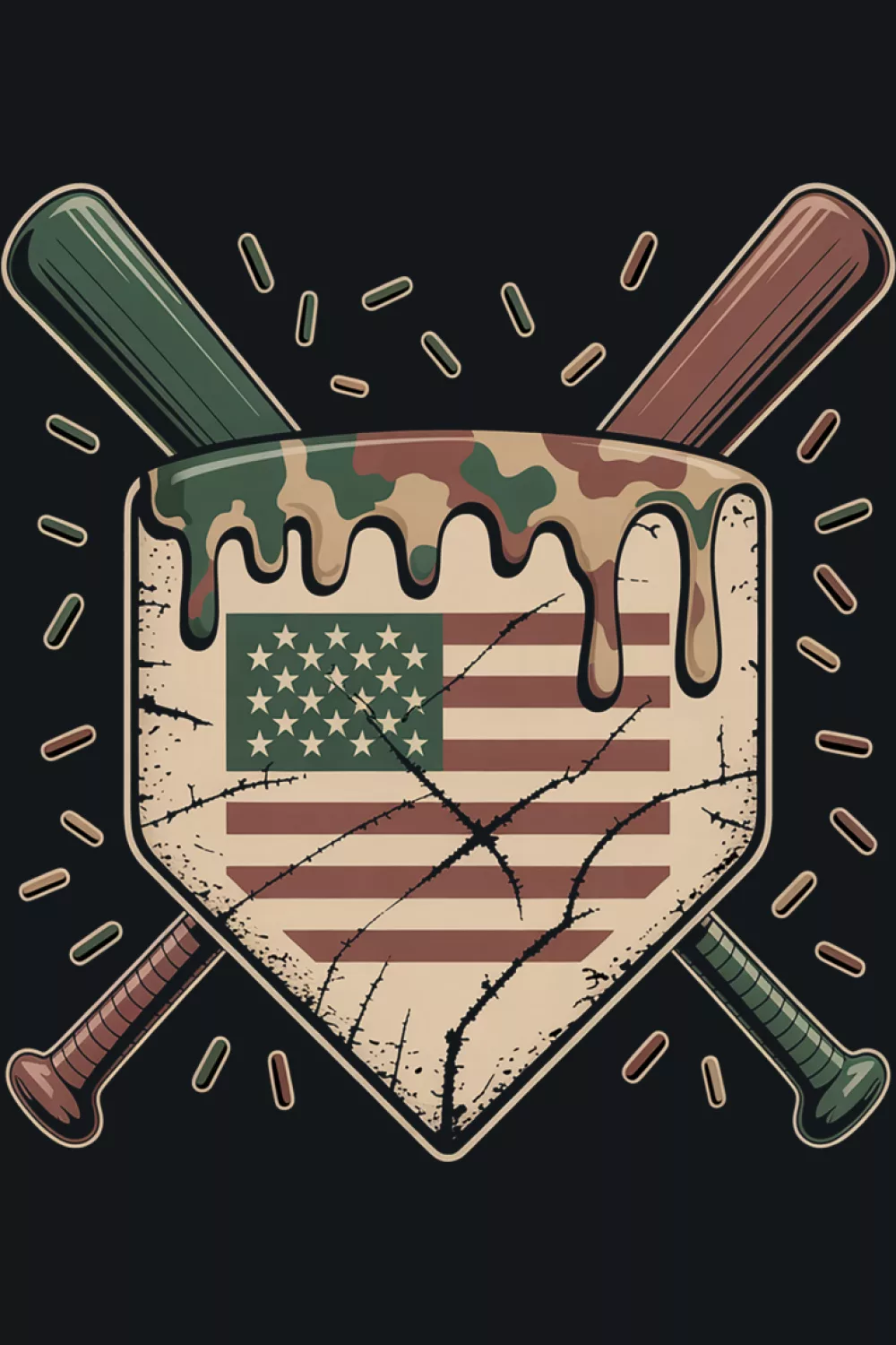Camo baseball crest filled with stars and stripes behind the ball
