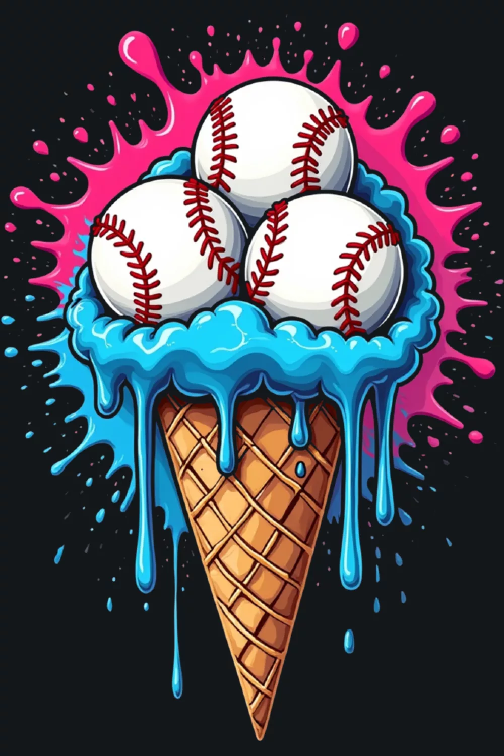 sprinkled baseball ice cream cone with colorful drips and a playful summer sports feel