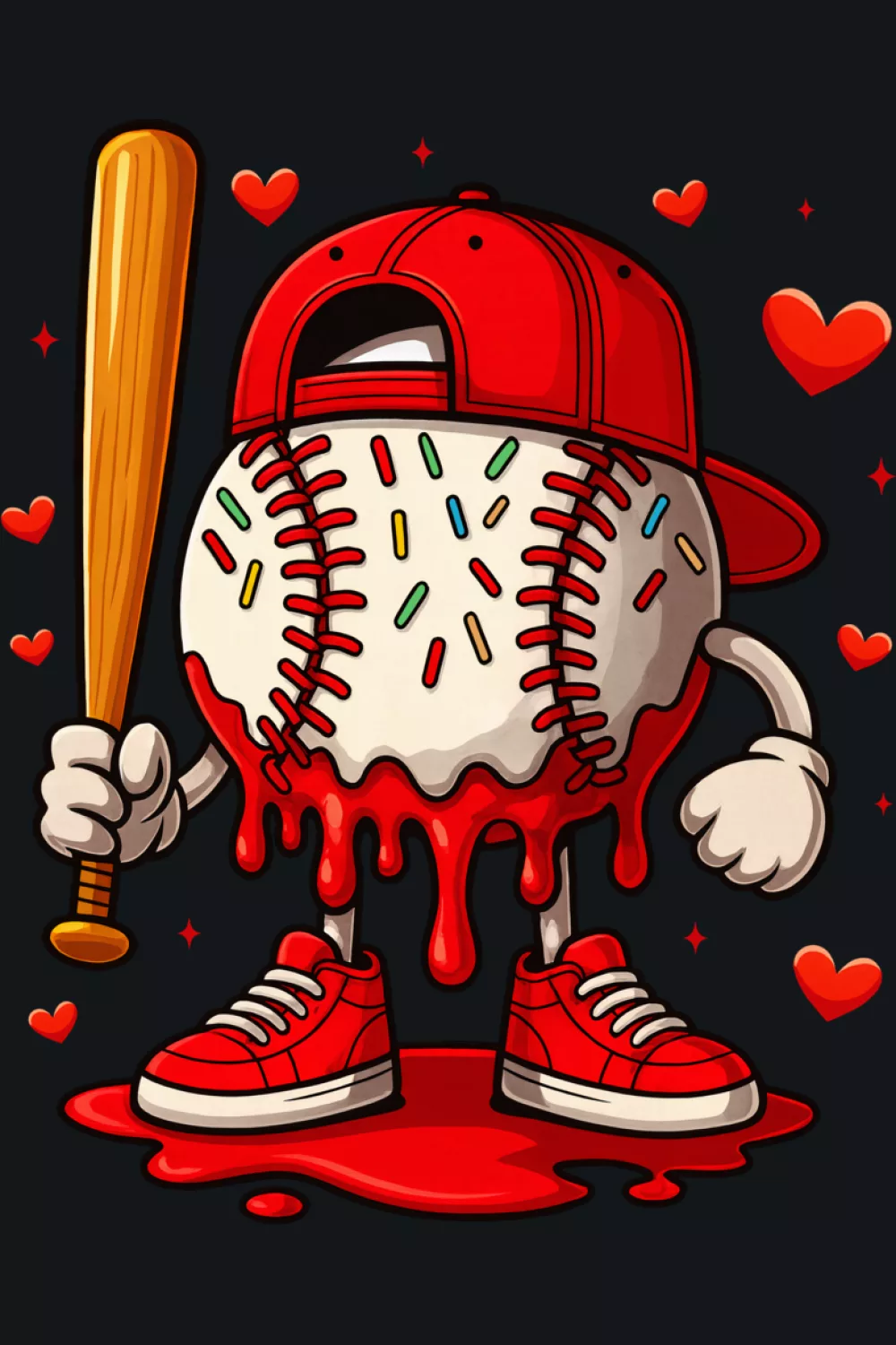 Baseball drip ice cream style character for boys and kids with hearts and Valentine sweetness.