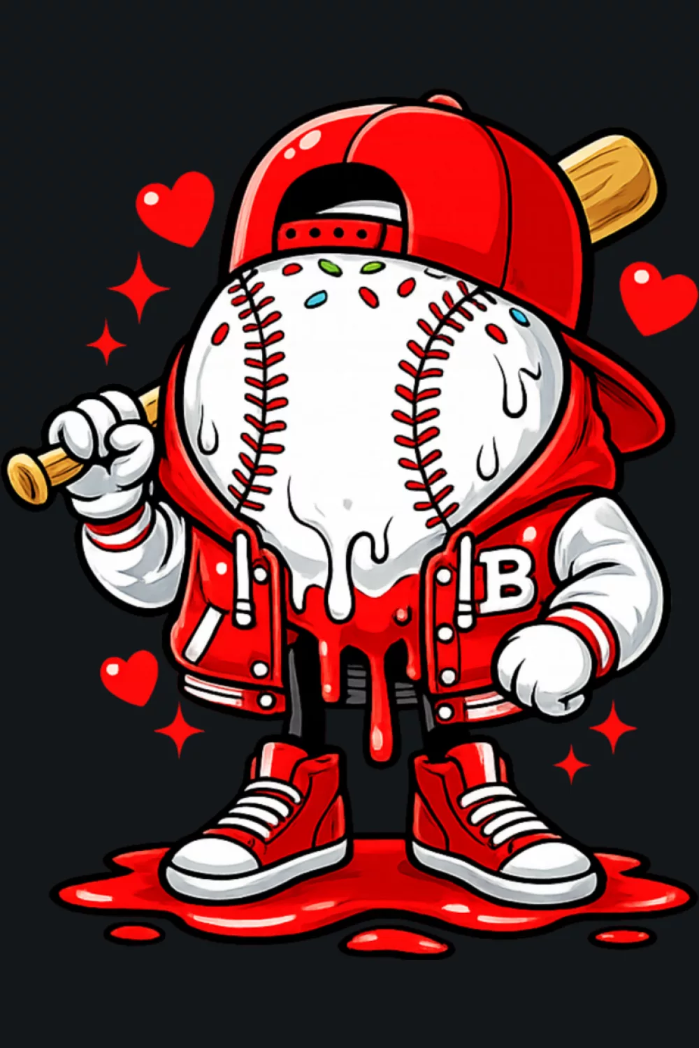 Youth boy baseball drip ice cream themed design with red cap and Valentine hearts.
