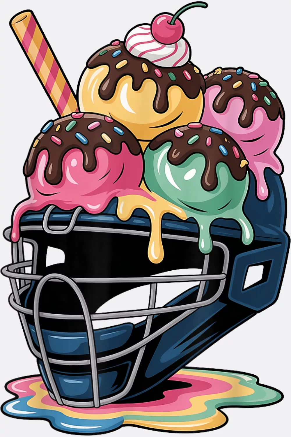 Catcher helmet stacked with sundae scoops and cherries