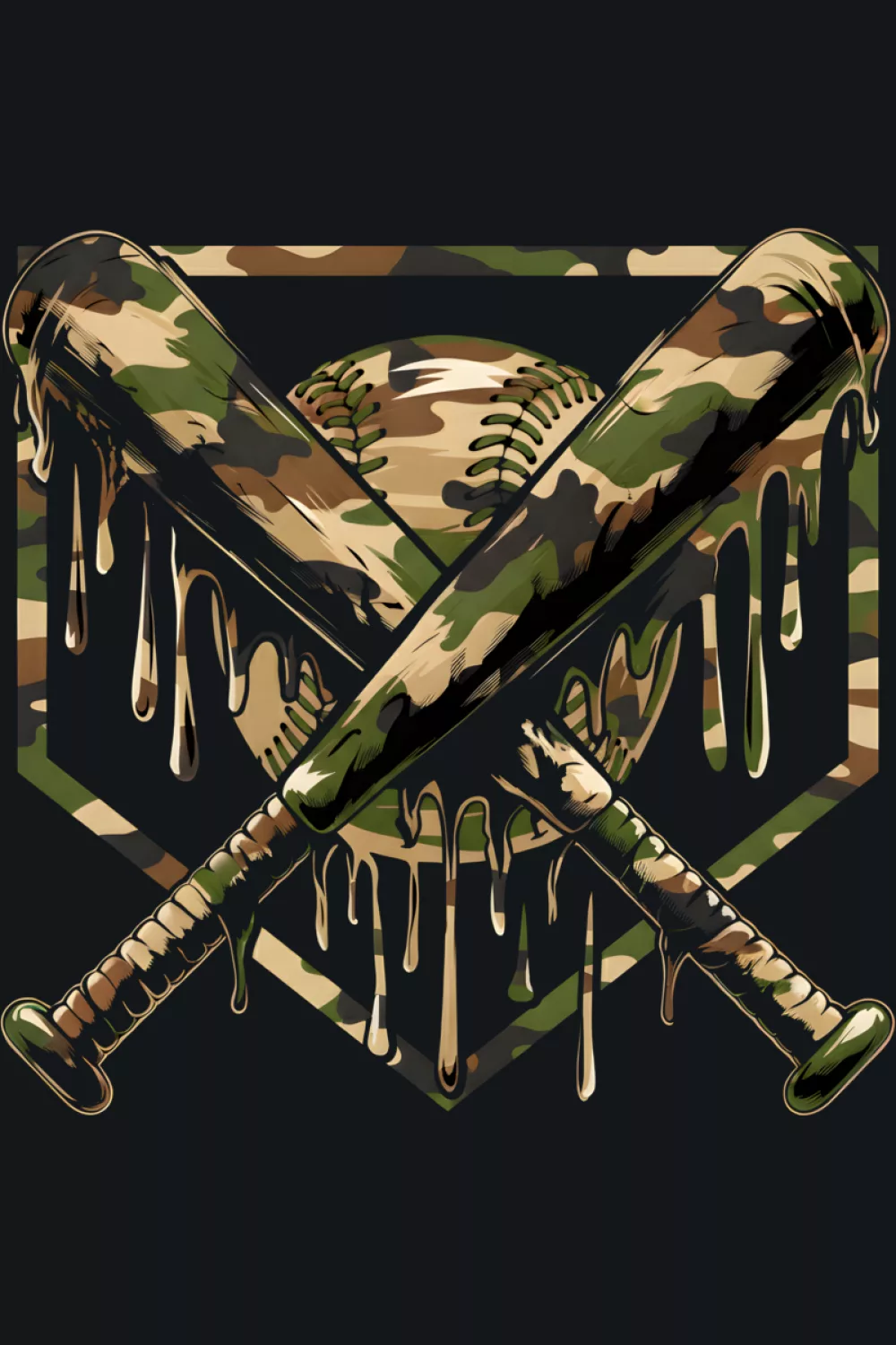 Ice cream camo baseball crest with bats, plate, and dripping topping