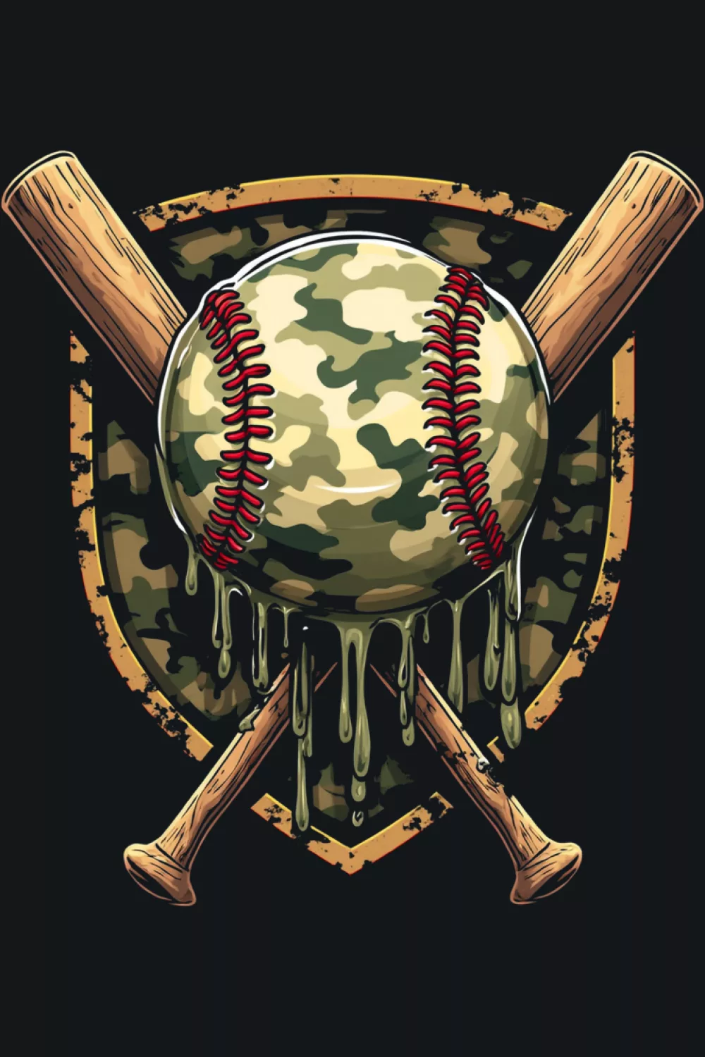 Camo ice cream badge with bats, home plate, and layered drip