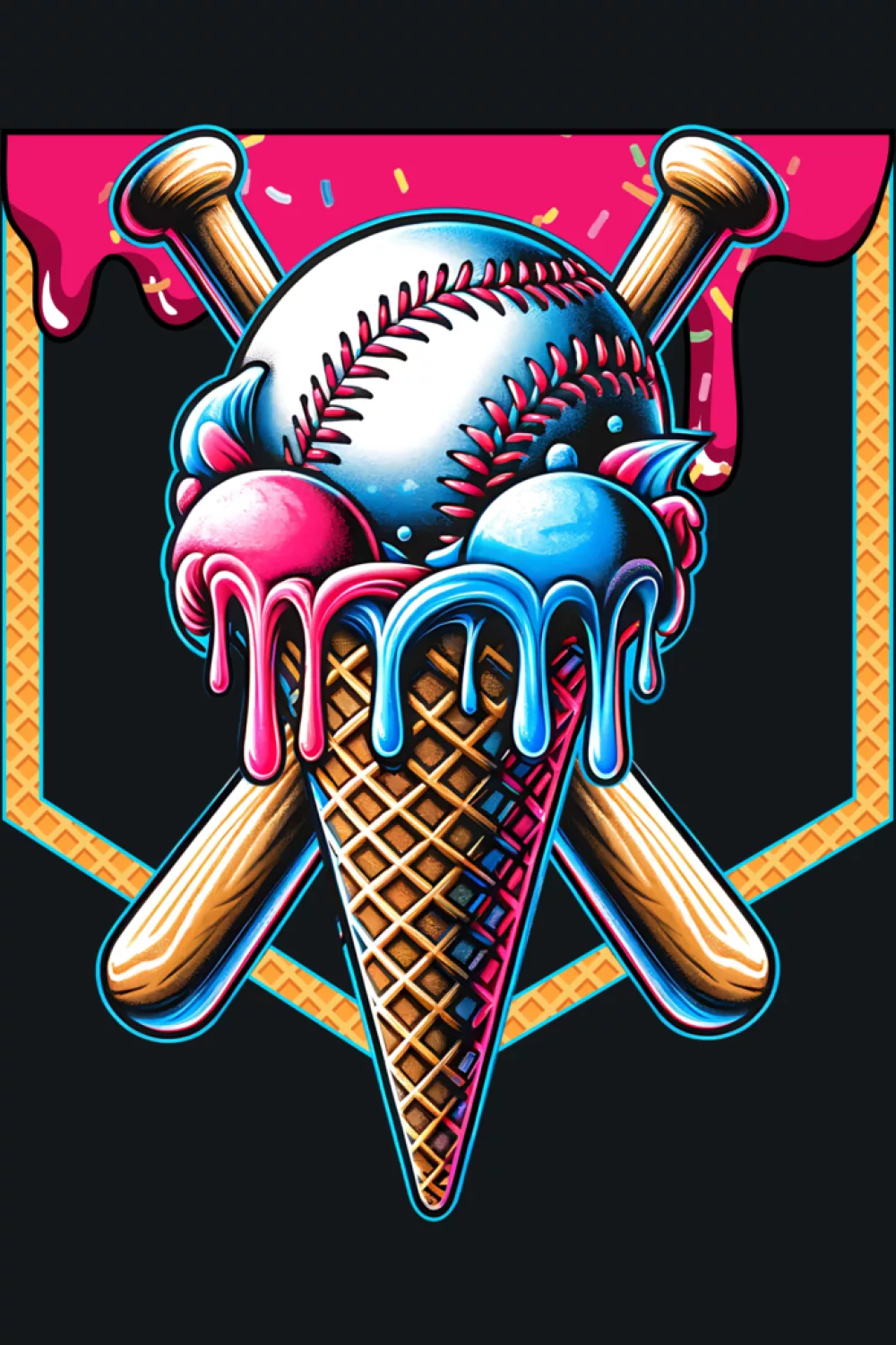 baseball home plate ice cream drip cone with bold color splashes for fans
