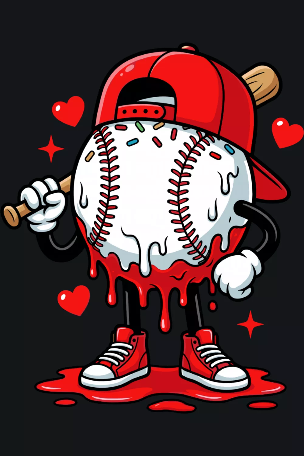 Baseball drip ice cream apparel look for youth boy with playful red tones and heart accents.