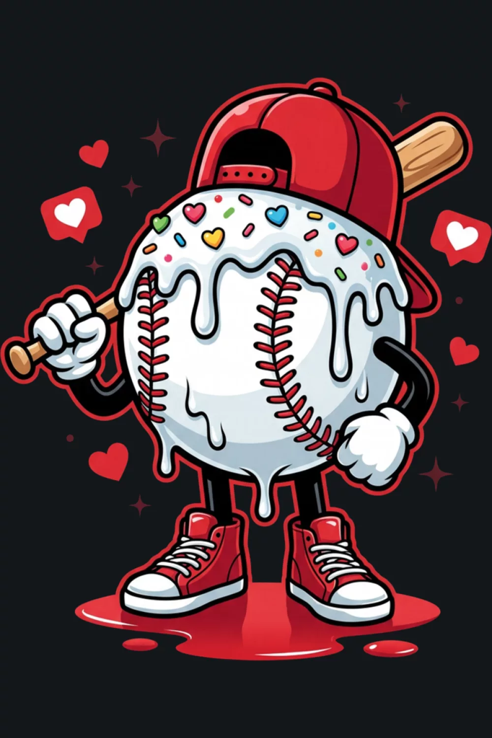 Baseball drip Valentine graphic with hearts for boys women and men, bold sporty love theme.