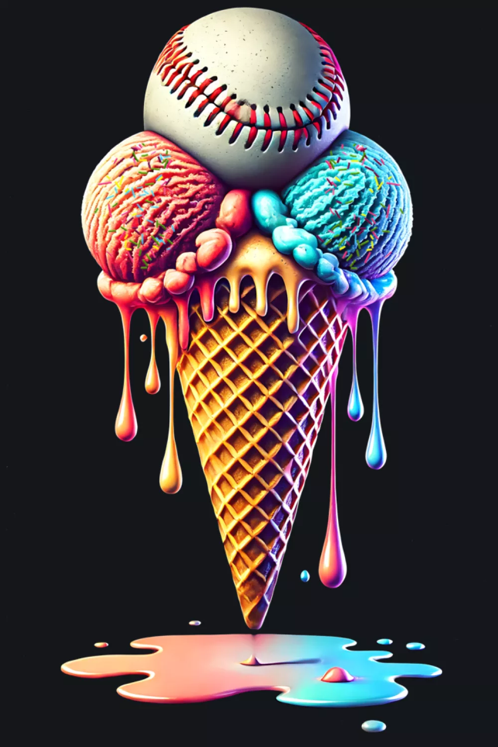 baseball drip ice cream cone with sprinkles and soft watercolor color for summer fans