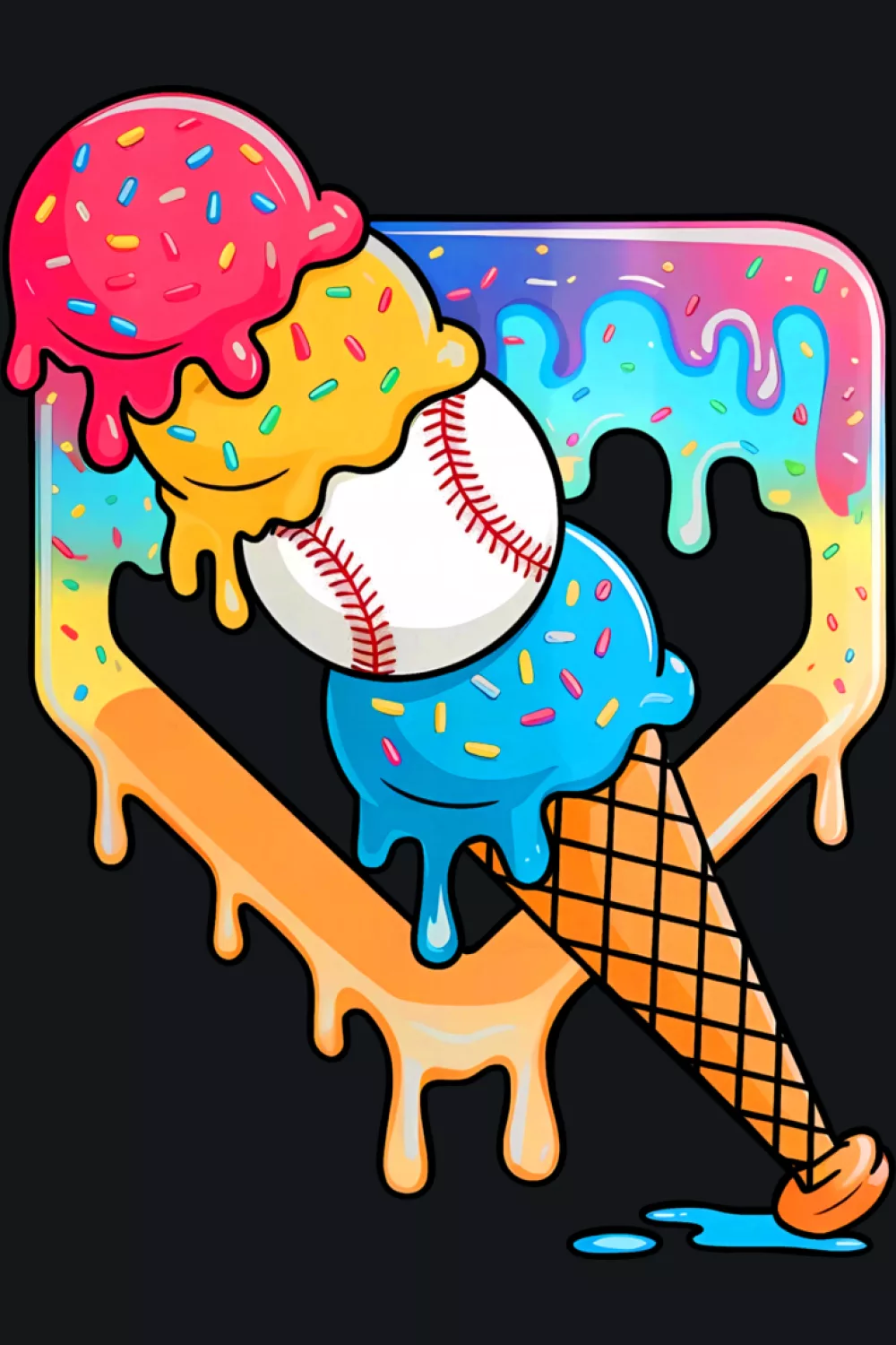 home plate baseball drip ice cream cone with bright drips and sporty summer vibe