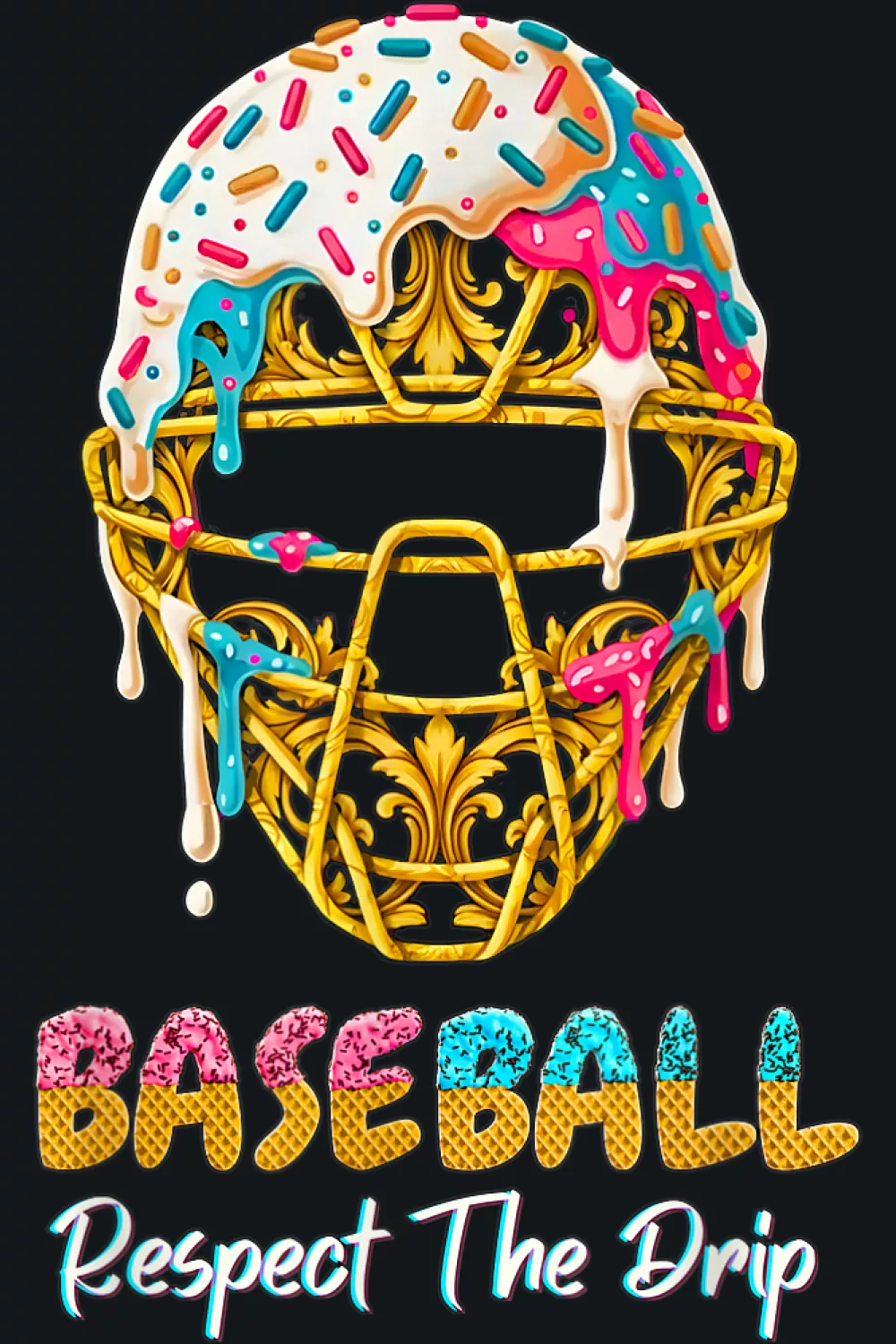 Gold catcher mask with blue drip and Respect the Drip text