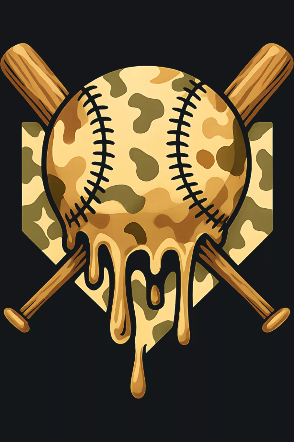 Bold camo cone crest with strong drip lines and baseball details