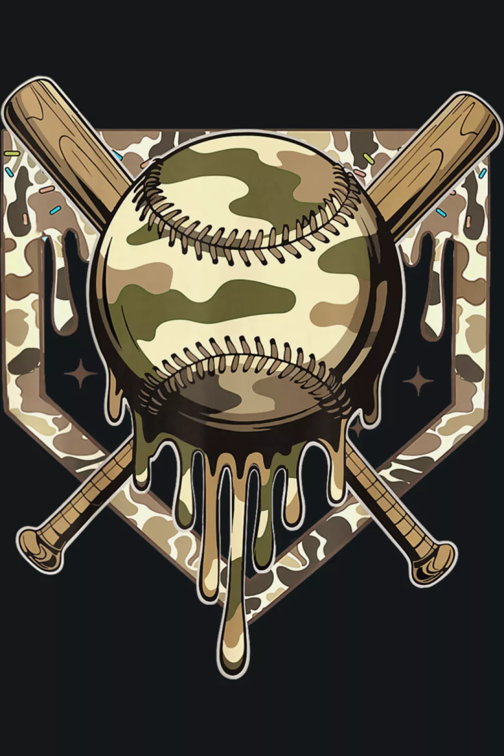Tall cone layout with baseball, camo topping, and long drip trail