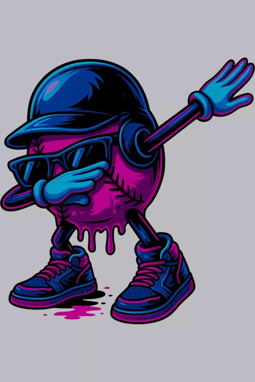 Dripping ice cream baseball character leaning into a confident dab move