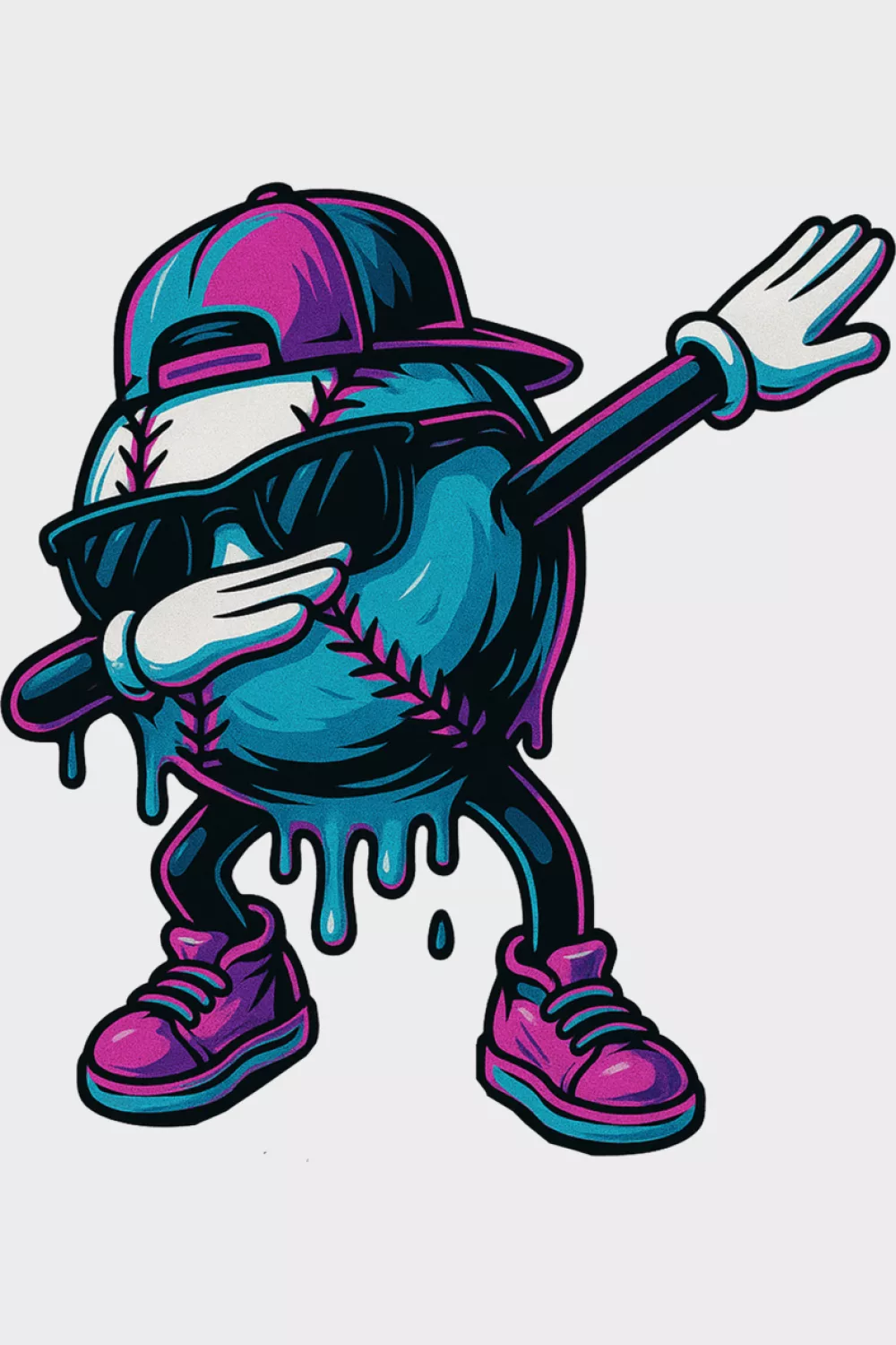 Baseball ice cream character dripping with colorful topping while dabbing