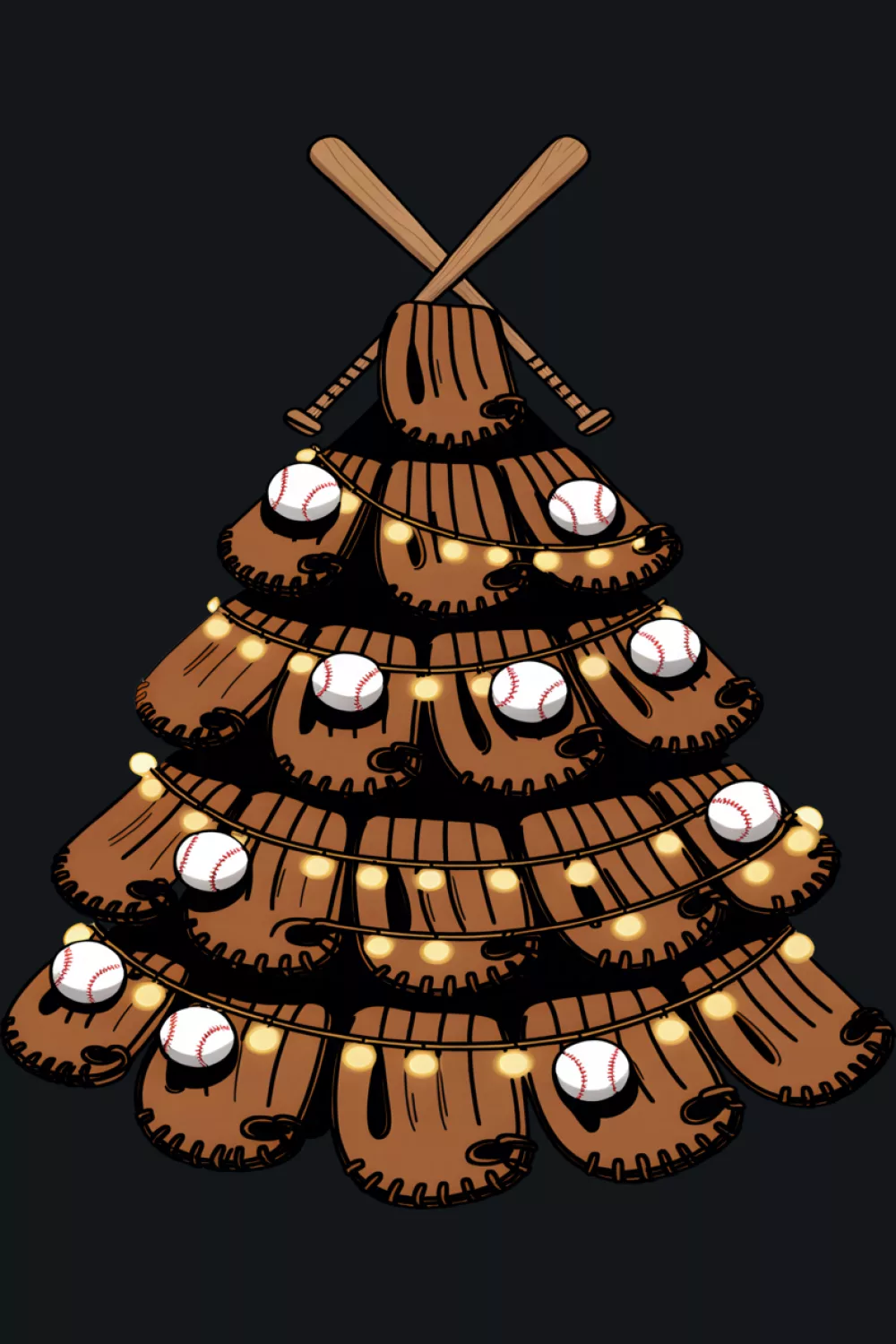 Tree built from gloves arranged like branches with balls scattered around.