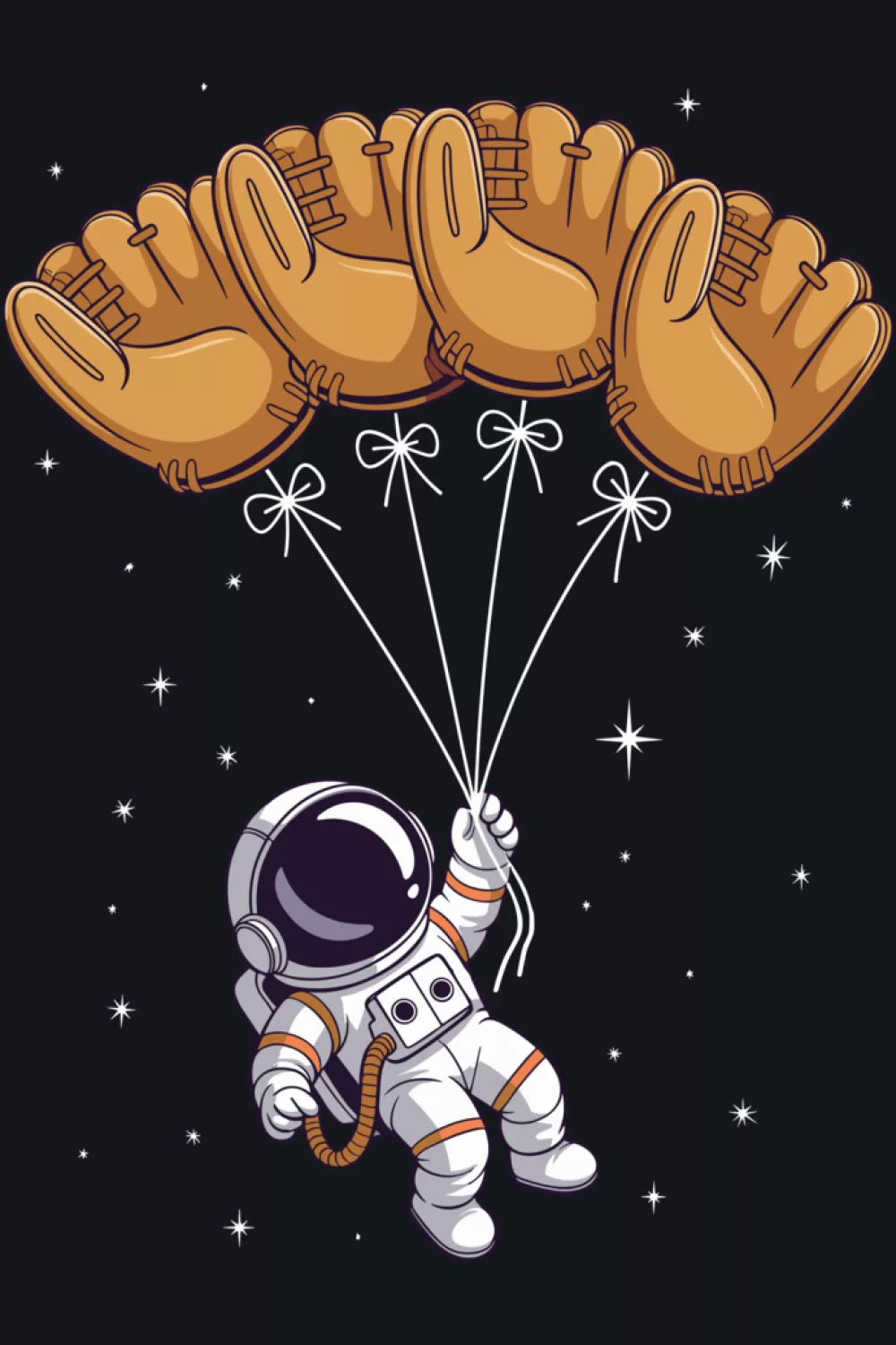 Balloon astronaut floating with baseball glove theme, whimsical space baseball concept.