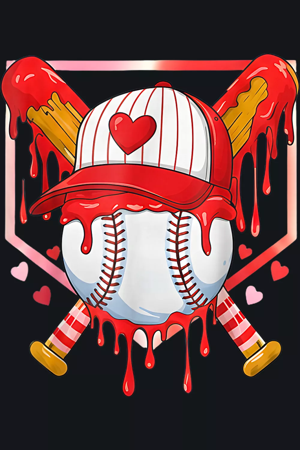 Baseball heart Valentines Day ice cream drip style graphic for boys with sweet sporty look.