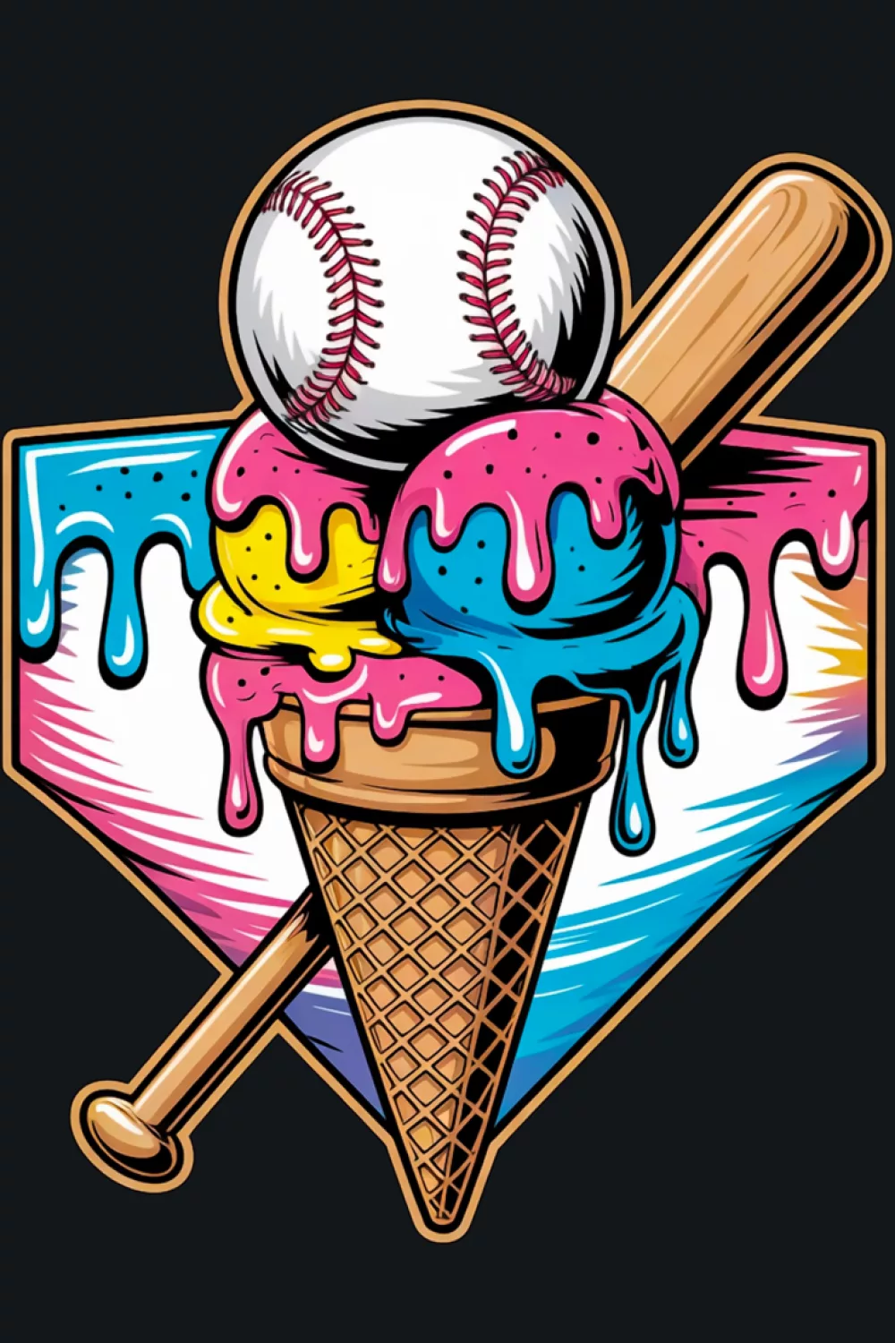 home plate drip baseball cone with colorful melting drips for summer fan outfits