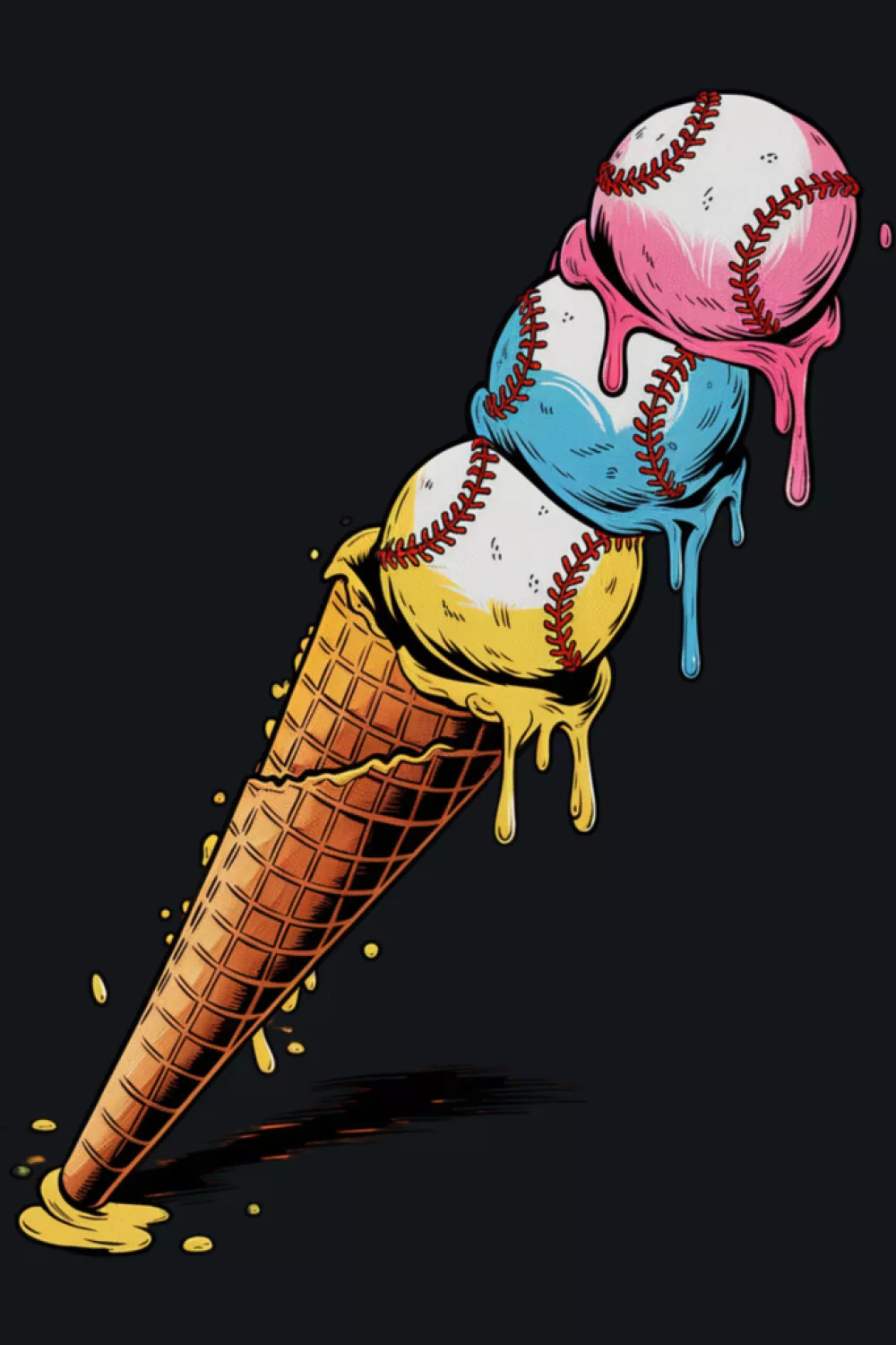 colorful watercolor baseball ice cream cone with drips for bright summer fits
