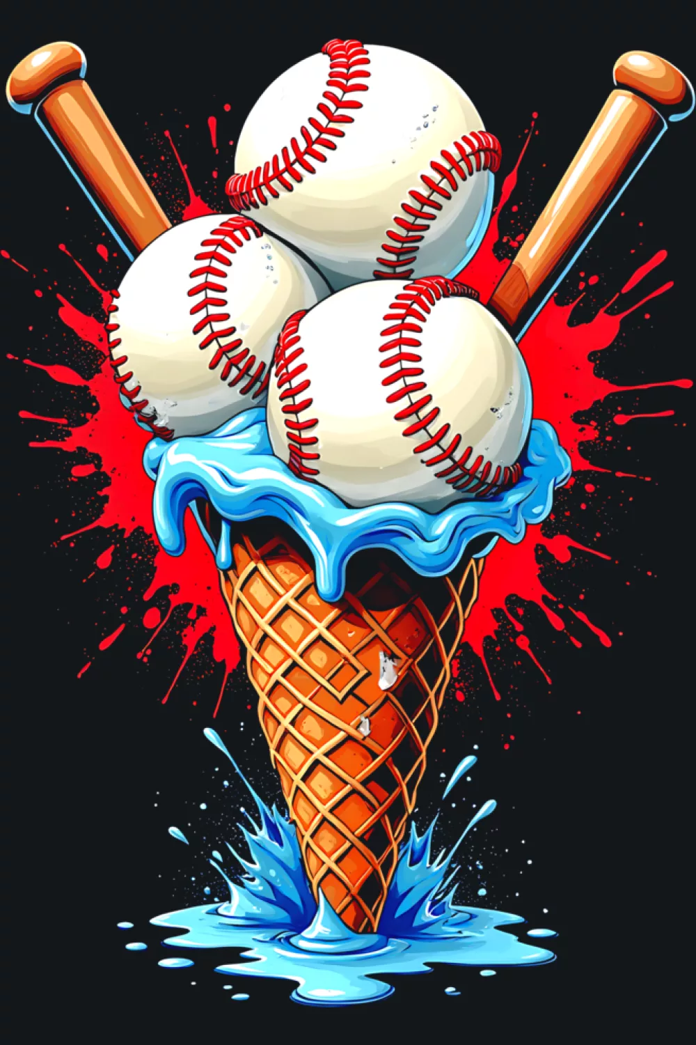 artful baseball ice cream cone illustration with bright drips and a playful fan vibe