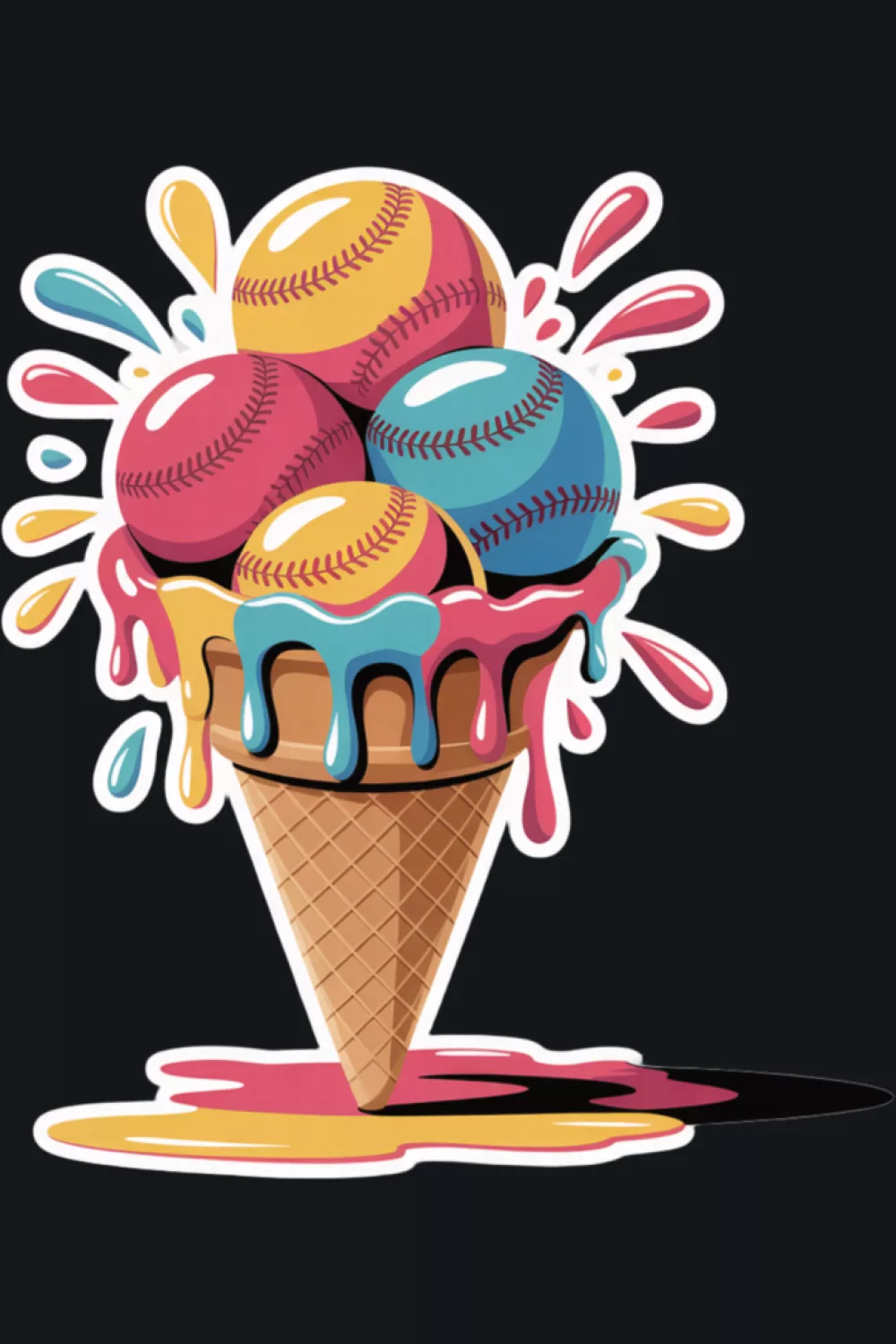 colorful baseball ice cream cone sports design with bright drips for summer game days