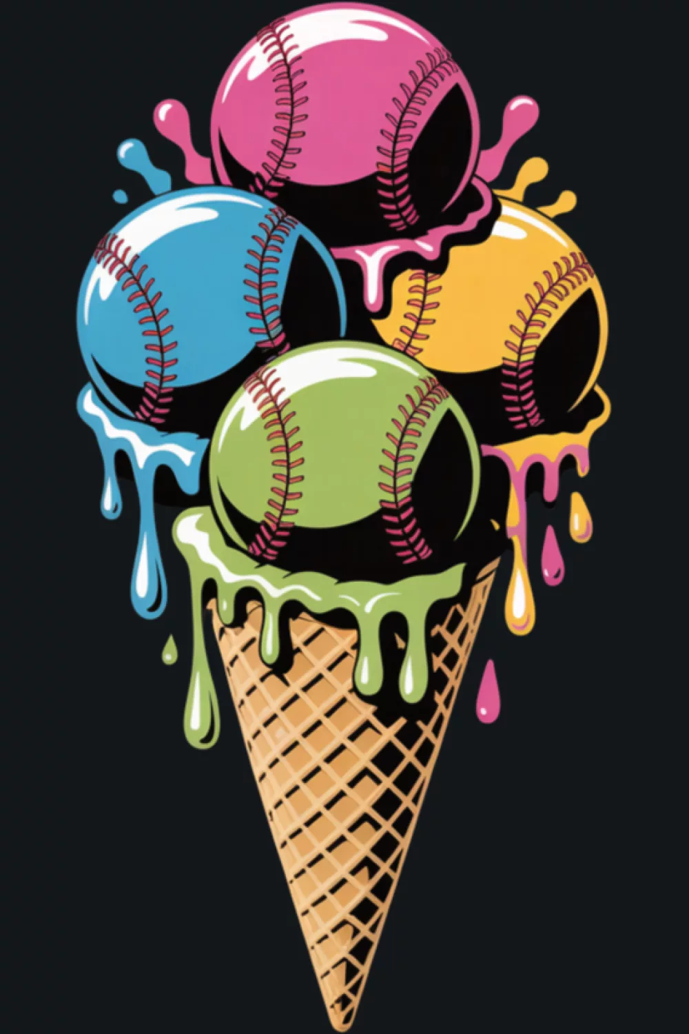 colorful baseball ice cream cone with bright drips for a fun sports fan look