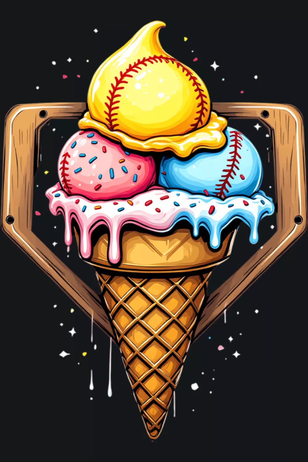 sweet baseball ice cream cone delight with soft watercolor drips and clean cone shape