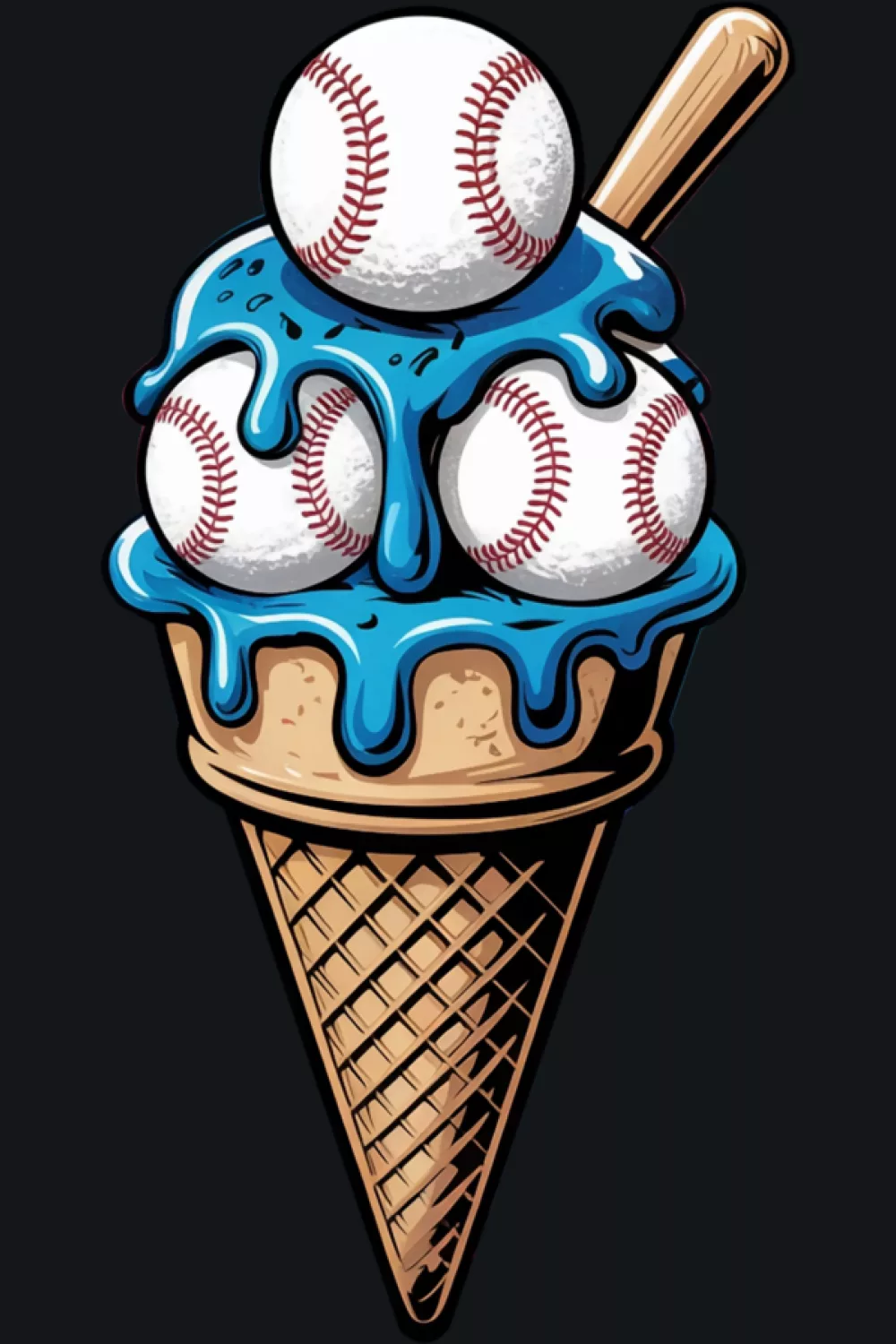 dripping baseball ice cream cone with bold splashes and a simple sporty look