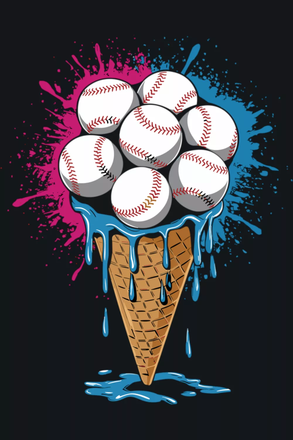 watercolor style baseball ice cream cone with drips and soft color splashes