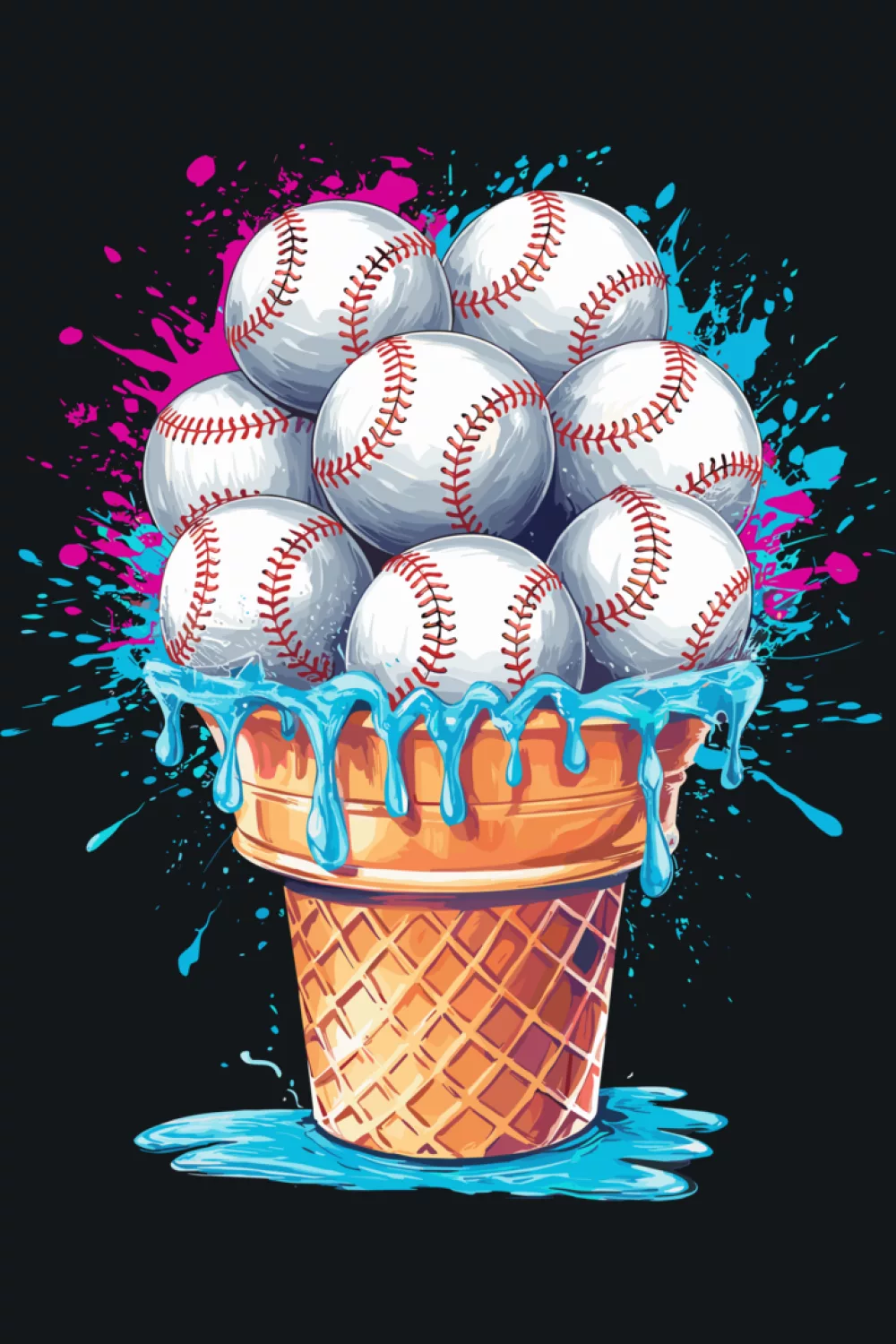 watercolor baseball scoop cone with gentle drips and a bright summer fan mood