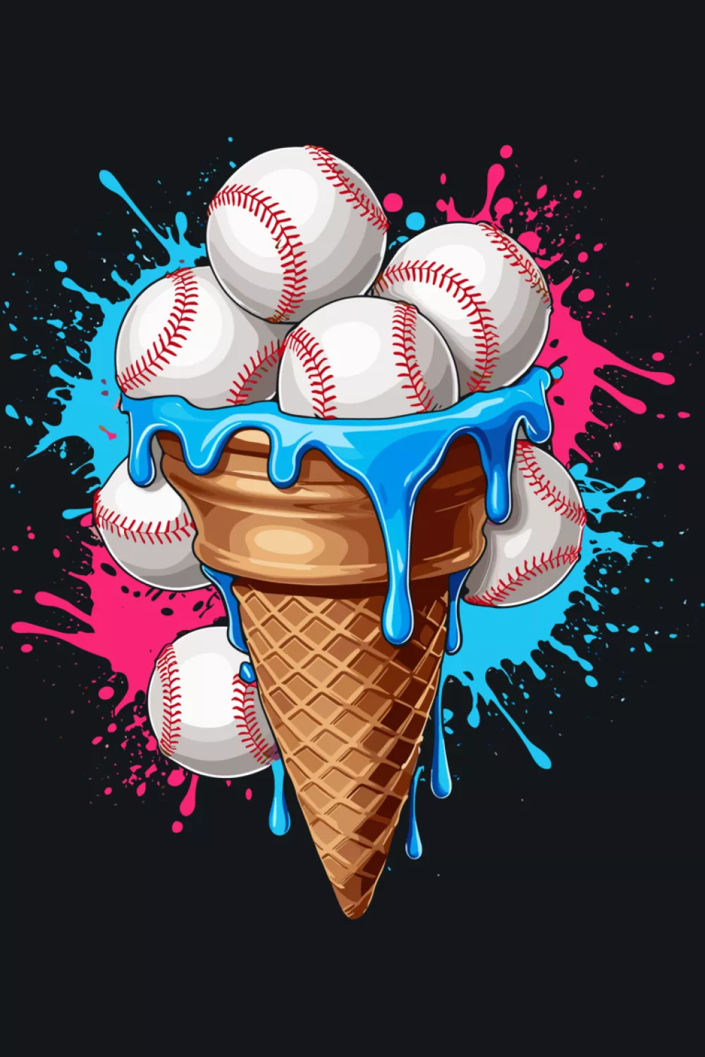 dripping baseball ice cream cone with a soft watercolor splash background