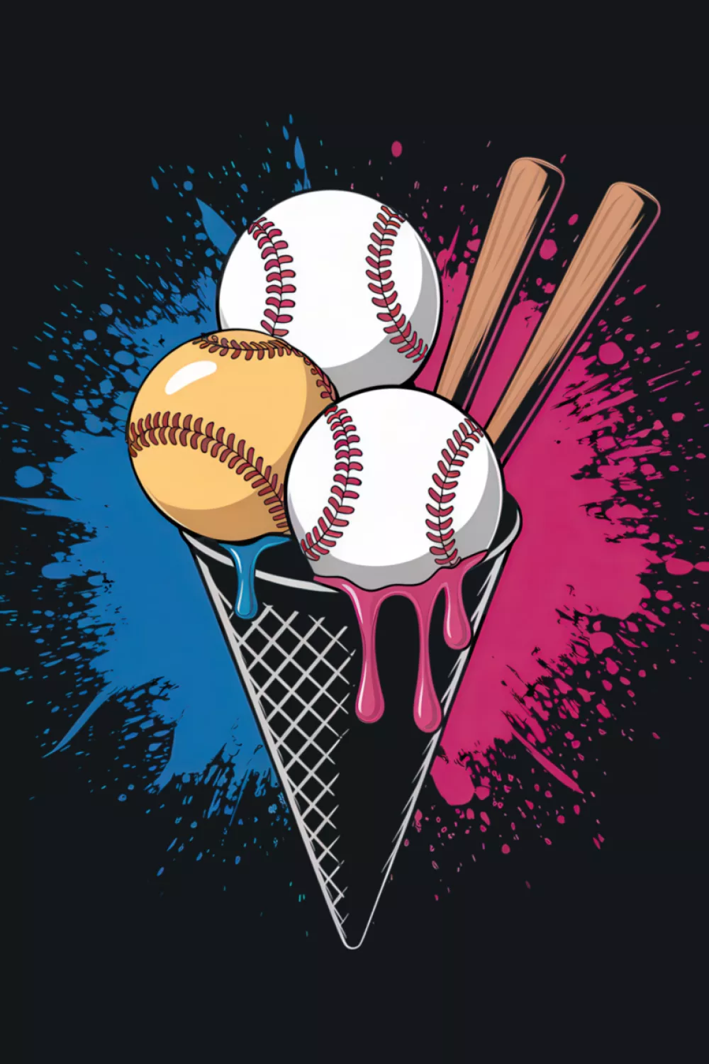 baseball ice cream cone with dual bats and drips for a sporty sweet summer vibe