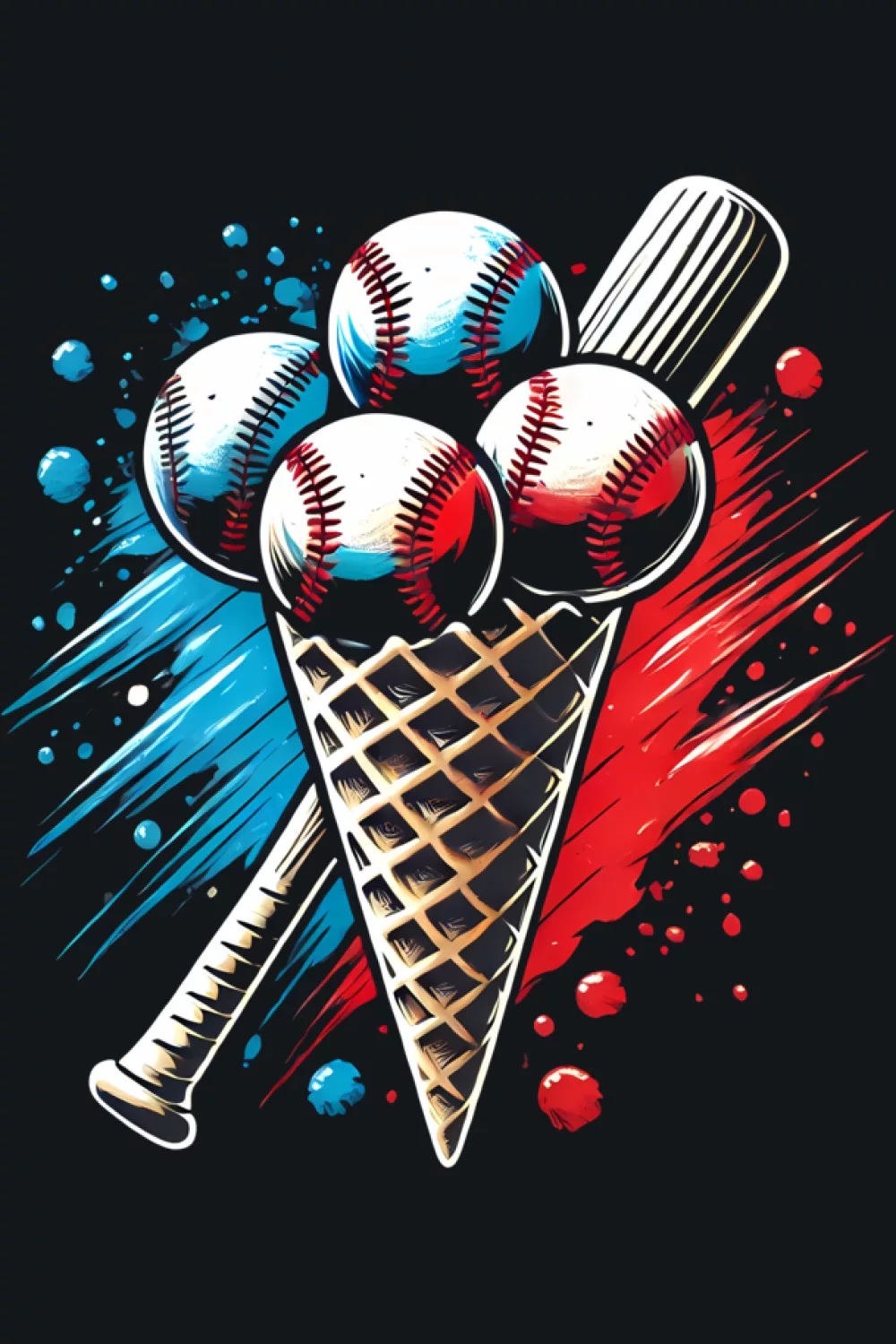 fun baseball ice cream cone with wild splashes and bright drips for summer sports fans