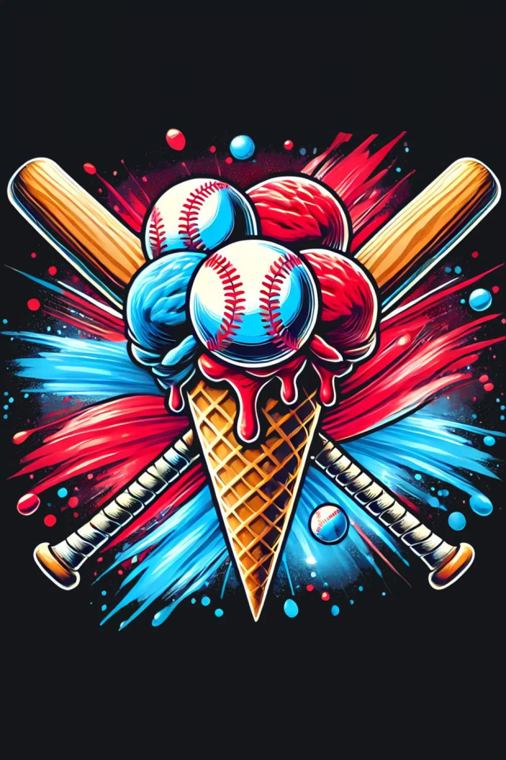 bright dripping baseball cone with energetic splatter and a playful fan style