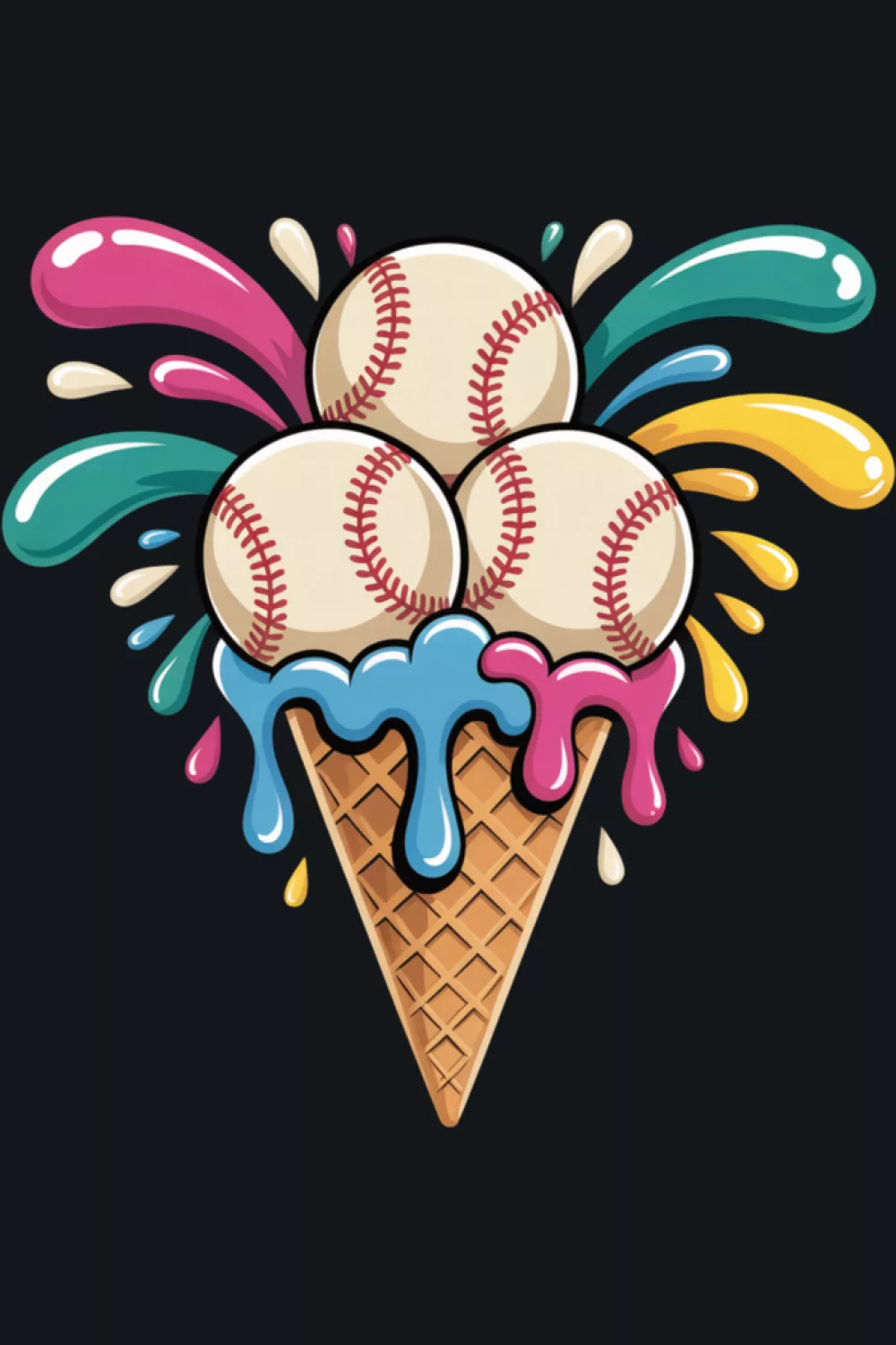 funny baseball and ice cream mashup cone with drips and playful splashes