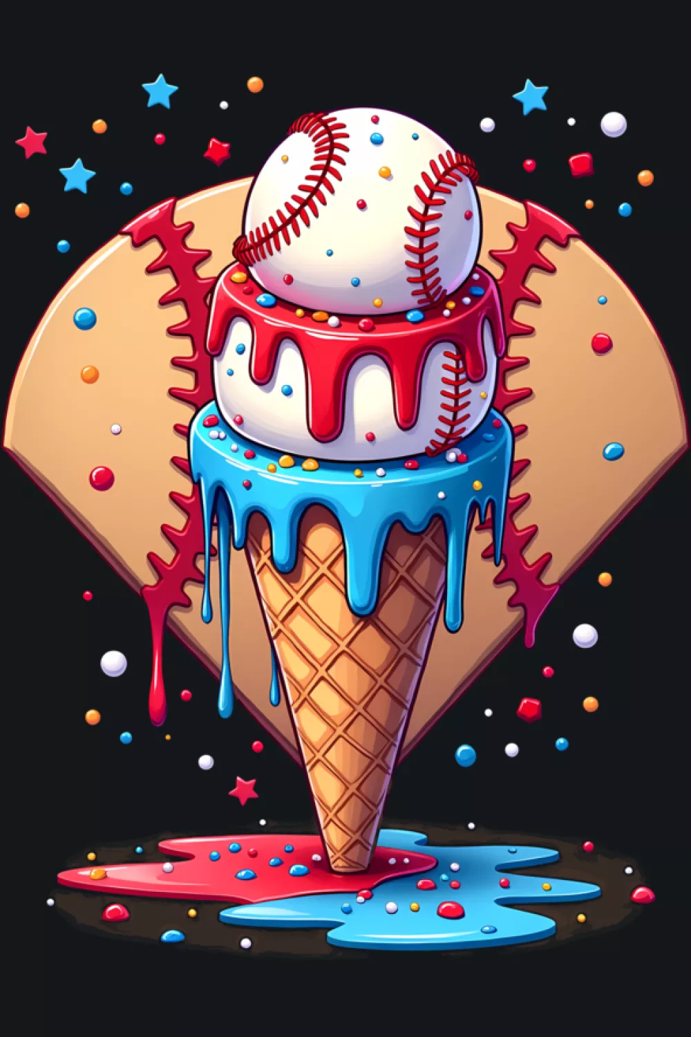 funny summer sports baseball ice cream cone with melting drips and bright accents