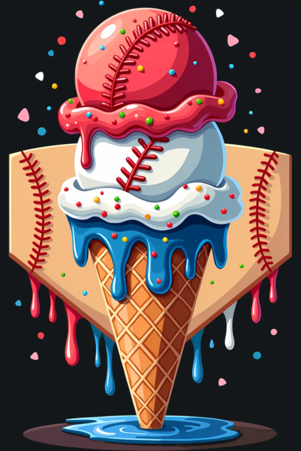 baseball ice cream cone funny summer sports art with bright drips and playful splash