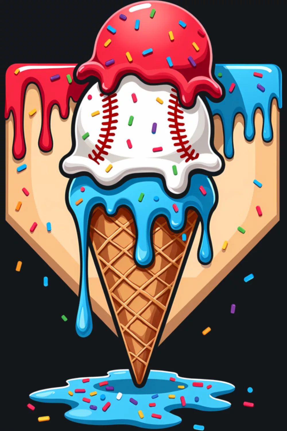 baseball ice cream cone with bold drip colors and playful summer splash accents
