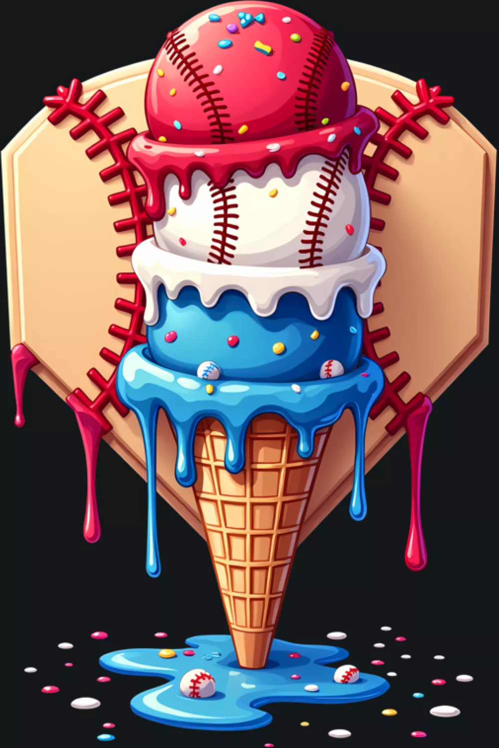 baseball ice cream cone summer sports art with bright melting drips and clean silhouette