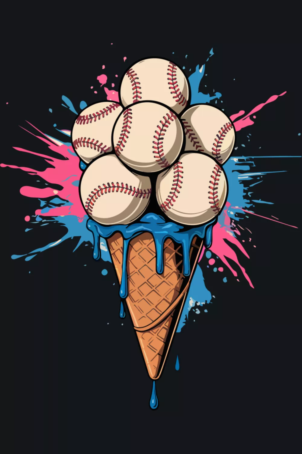 baseball ice cream cone splash art with watercolor bursts for summer baseball fans