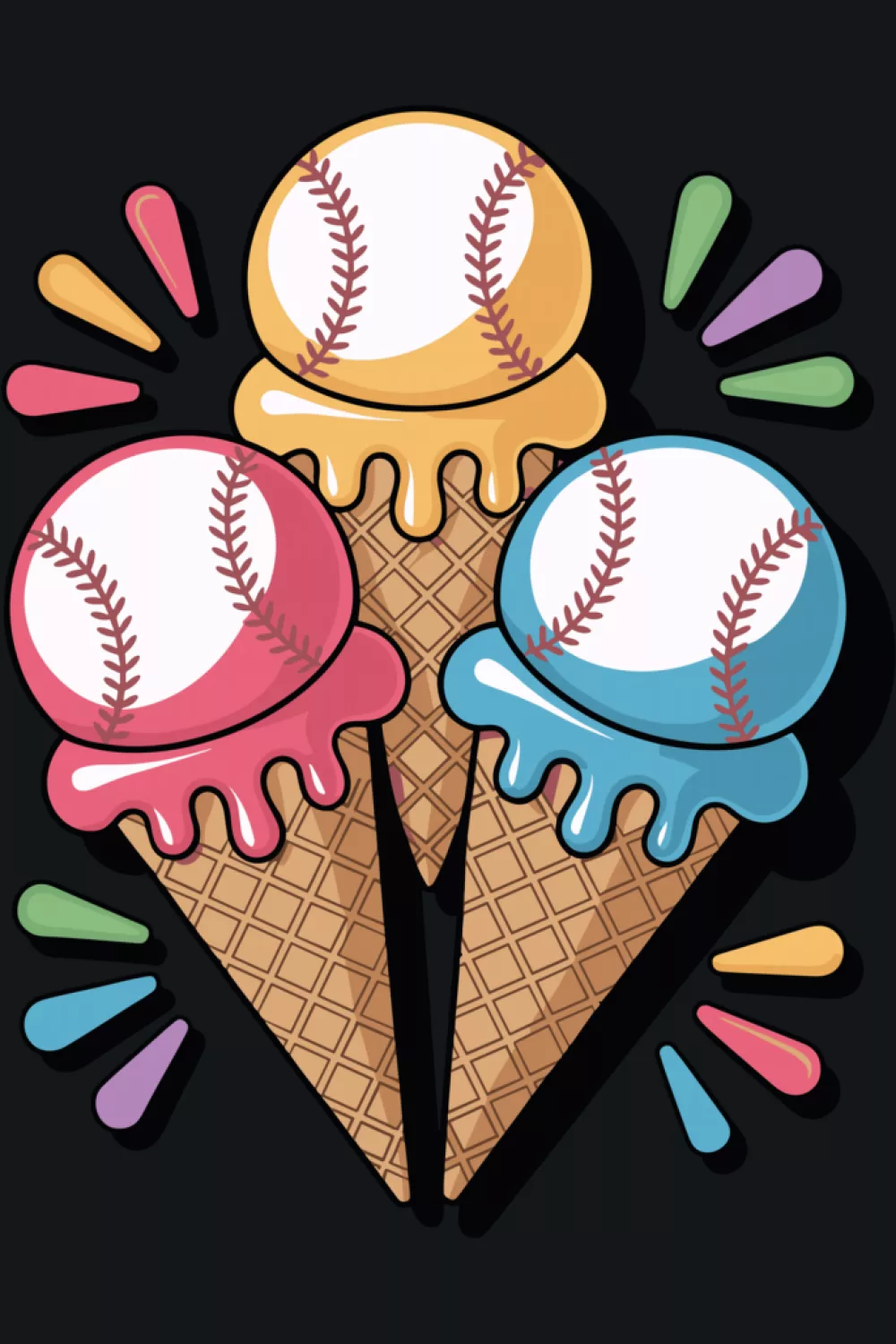 triple scoop dripping baseball ice cream cone with bright watercolor drips for fans