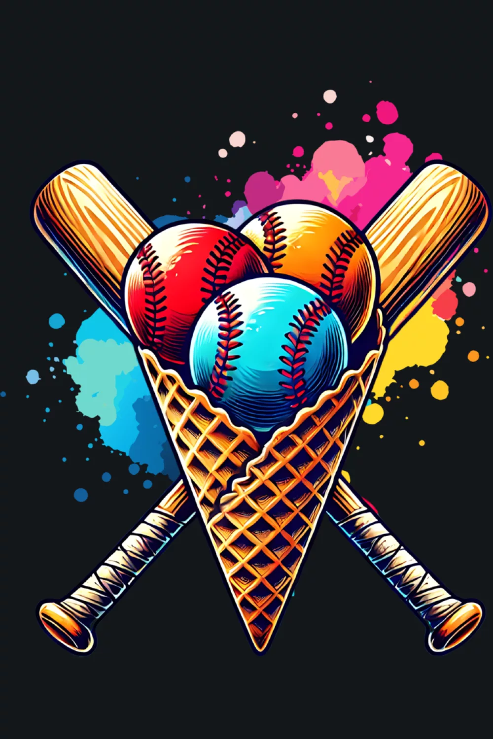 watercolor baseball ice cream cone with drips and soft splash accents