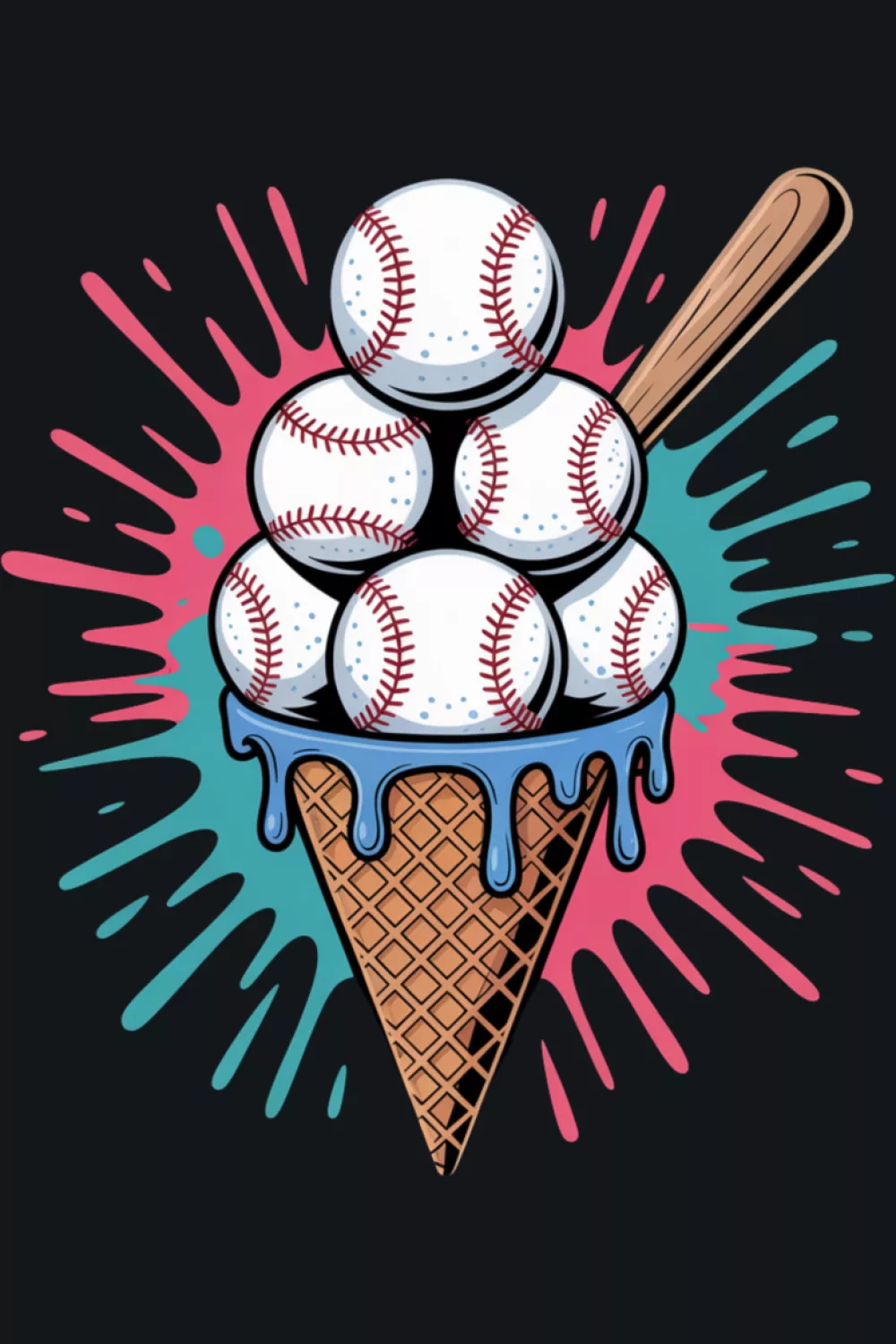 watercolor baseball ice cream cone with soft drips and a gentle summer palette