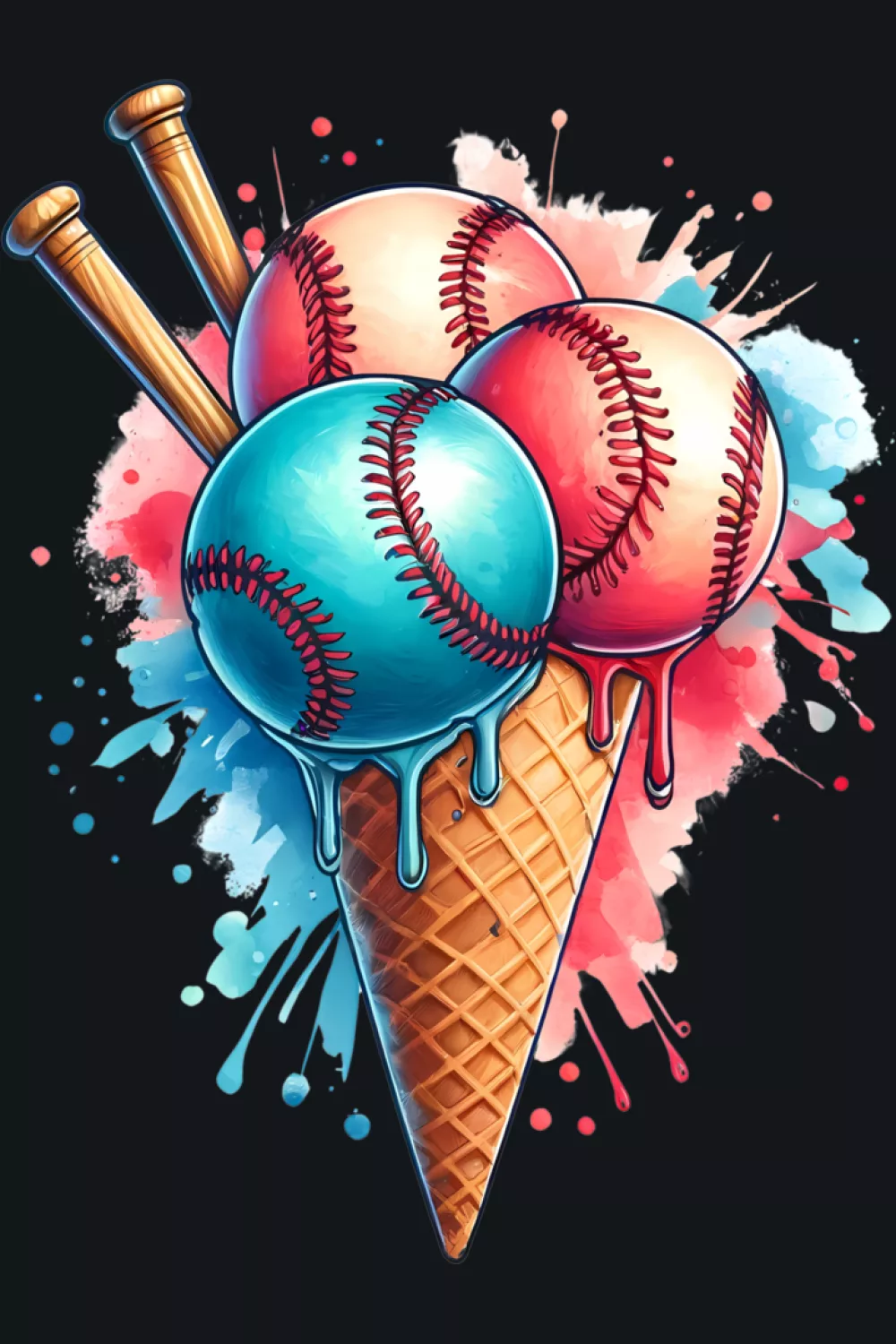 watercolor sports lover baseball cone with drips made for summer game day