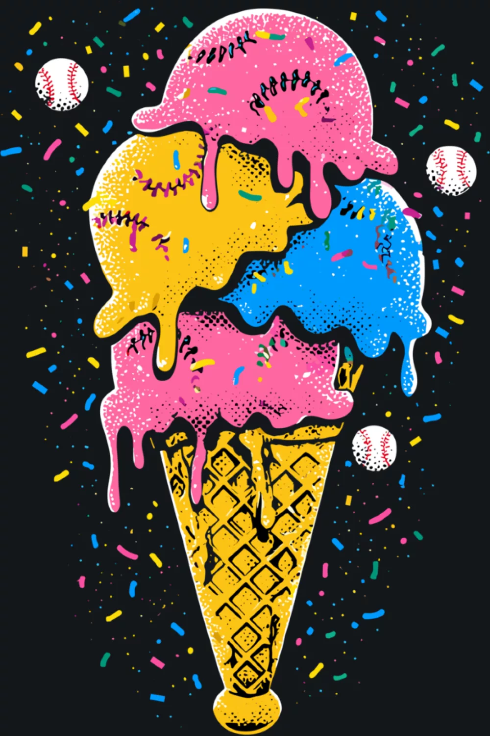 baseball ice cream drip cone with bright drips and playful youth summer vibe