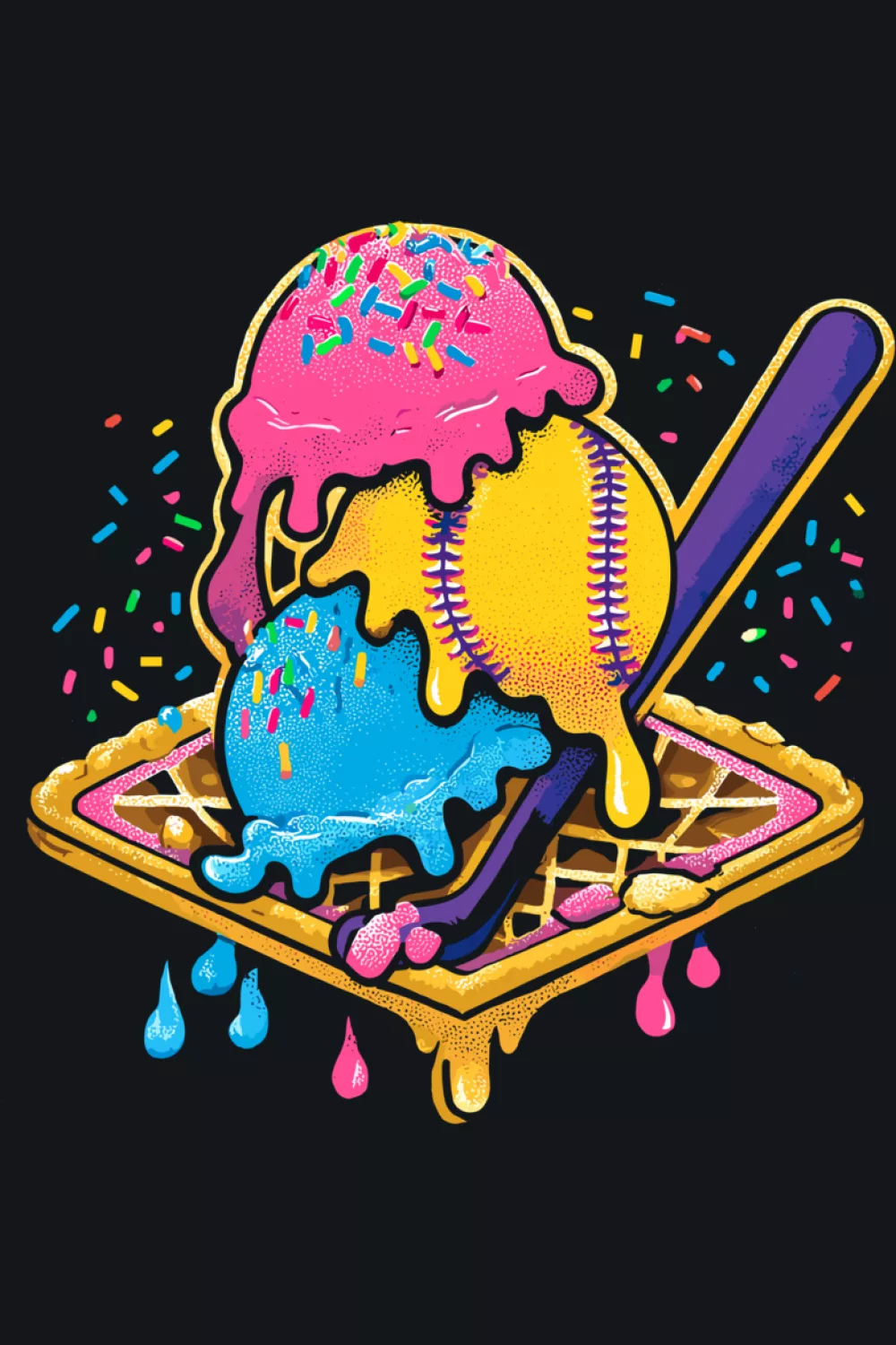 funny youth baseball ice cream drip cone with bright drips and playful accents