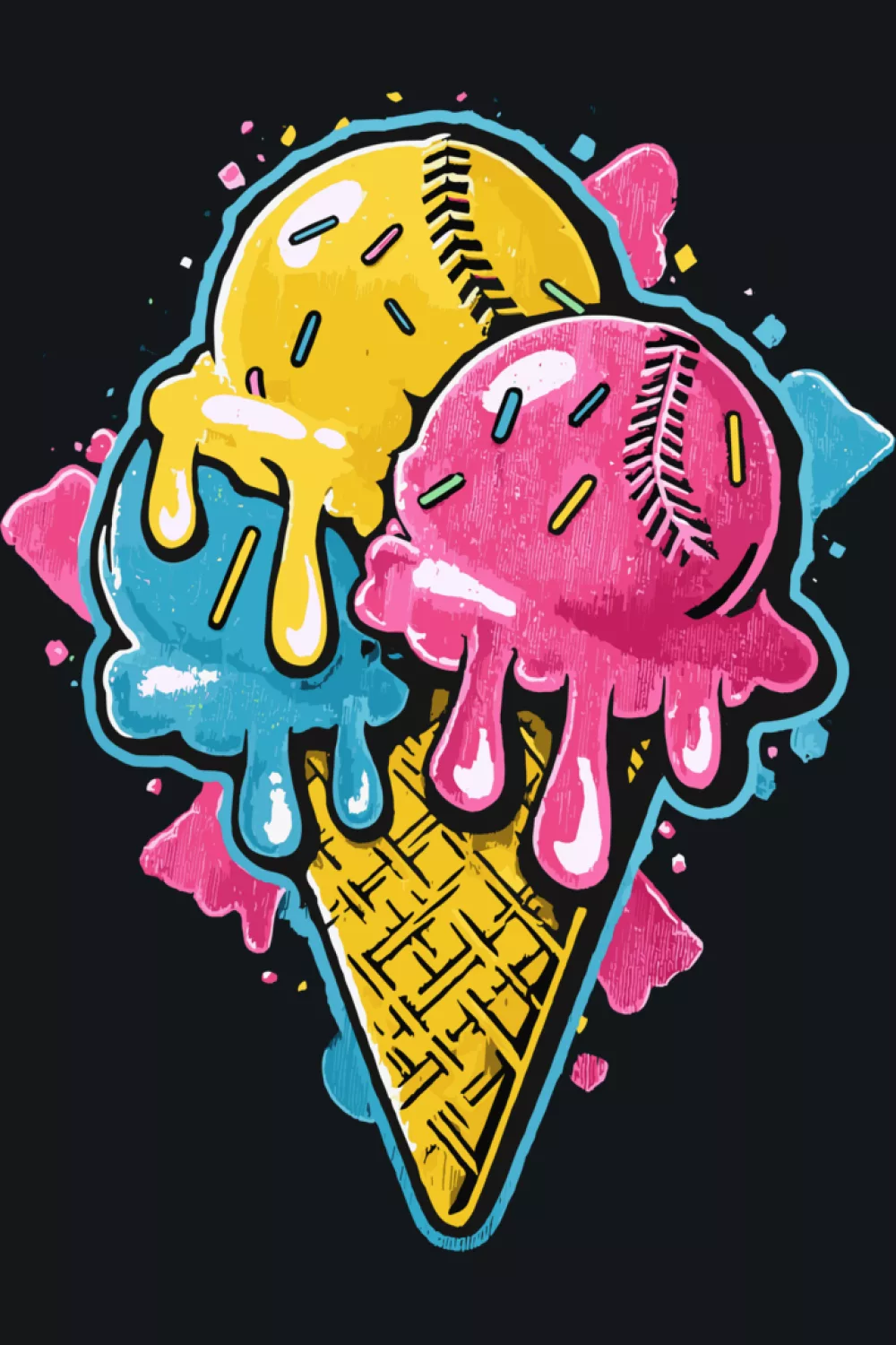 bright baseball ice cream drip cone with playful splashes for youth summer outfits