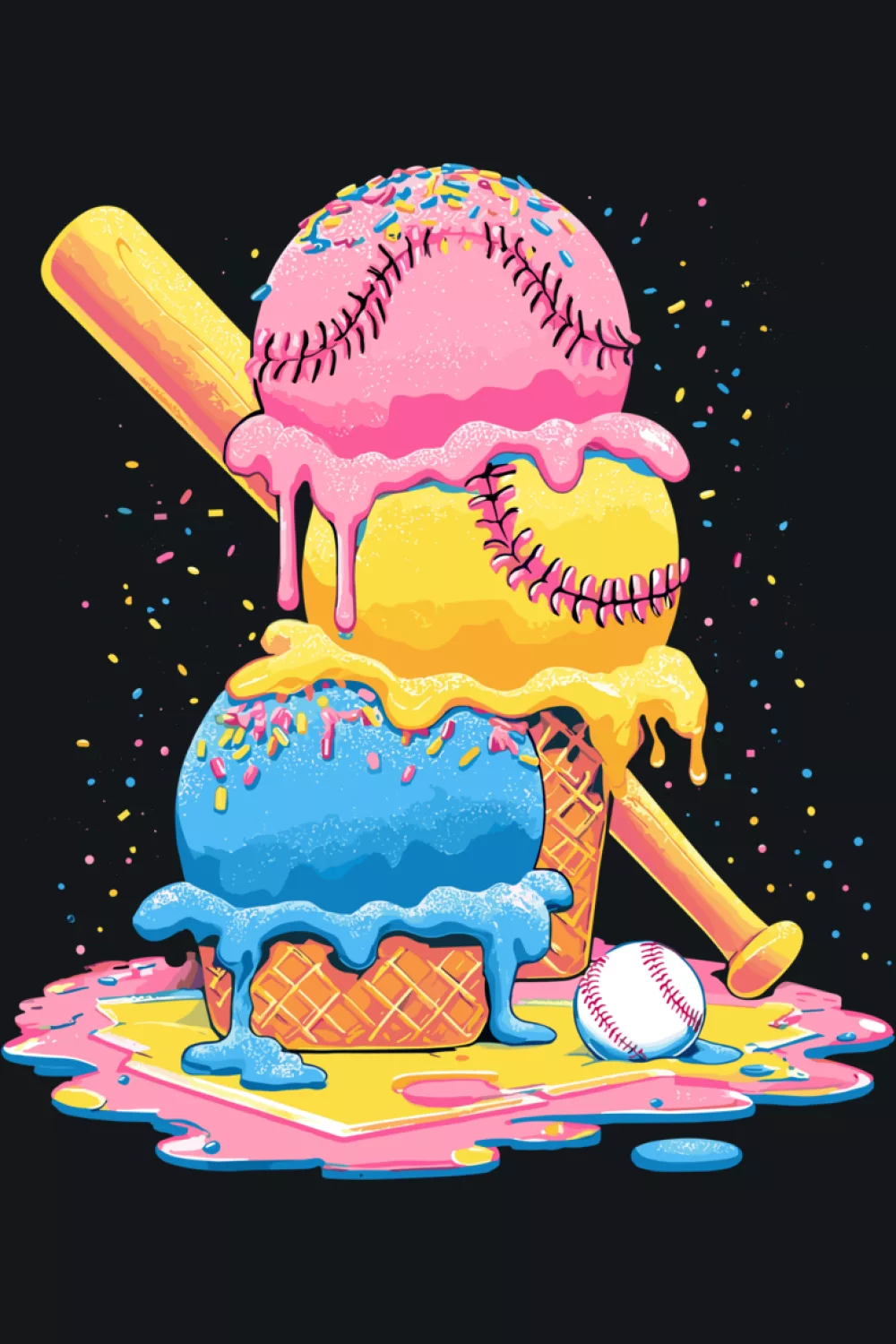 baseball ice cream drip cone for youth with bright drips and sporty summer vibe