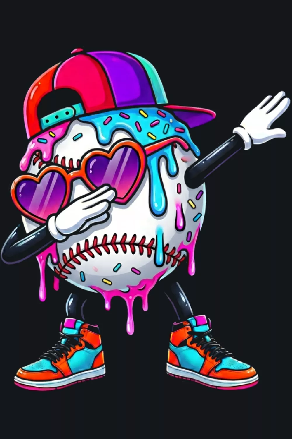 Dabbing ice cream baseball character covered in bright sprinkles
